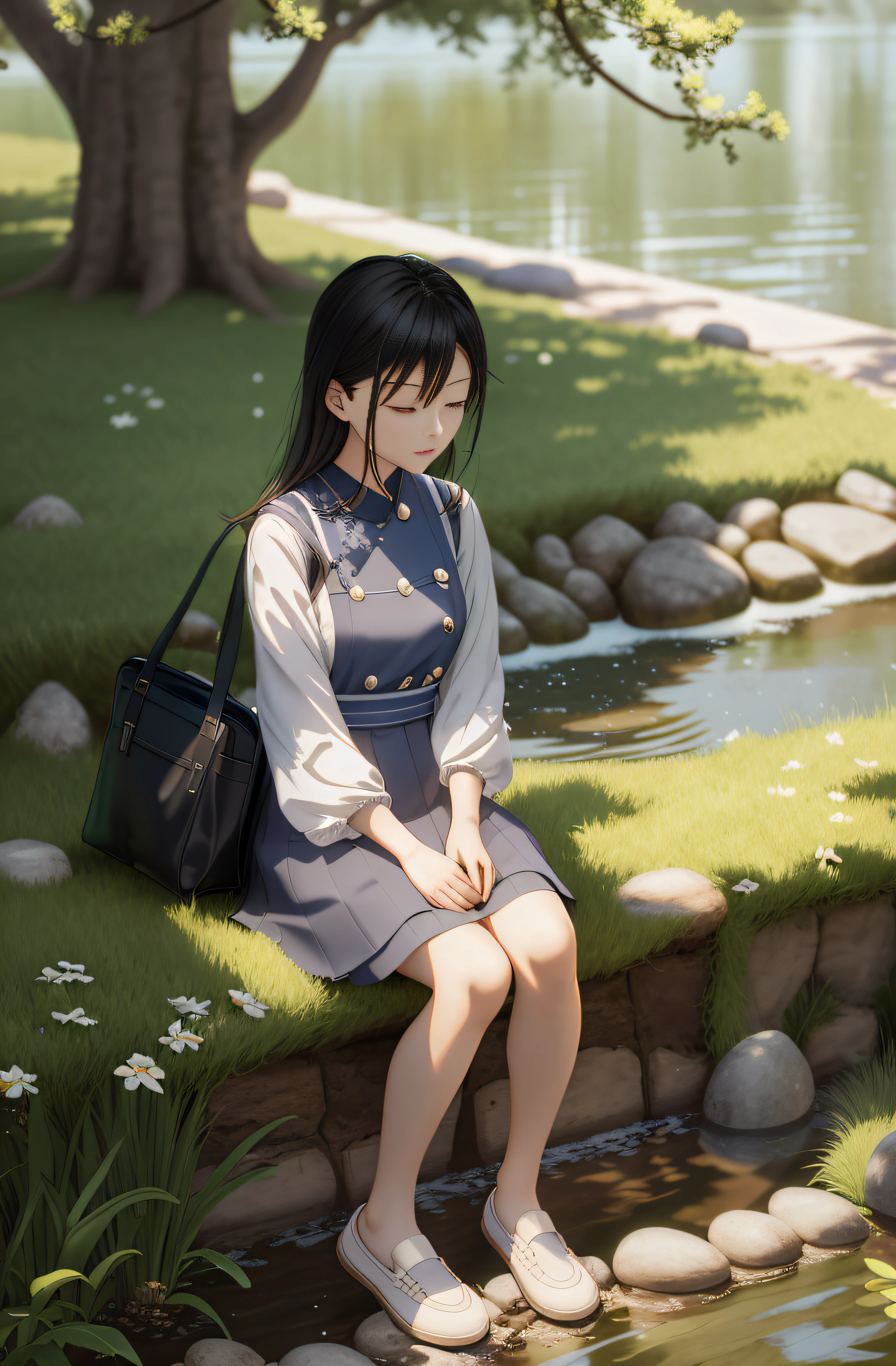 There was a woman sitting on a stone by the pond, Anime girl in real life, trending on cgstation, Guviz-style artwork, Realistic anime 3 D style, sakimichan hdri, Surrealism female students, in the style of makoto shinkai, dressed with long fluent clothes, beautiful lonely girl, Makoto Shinkai's style