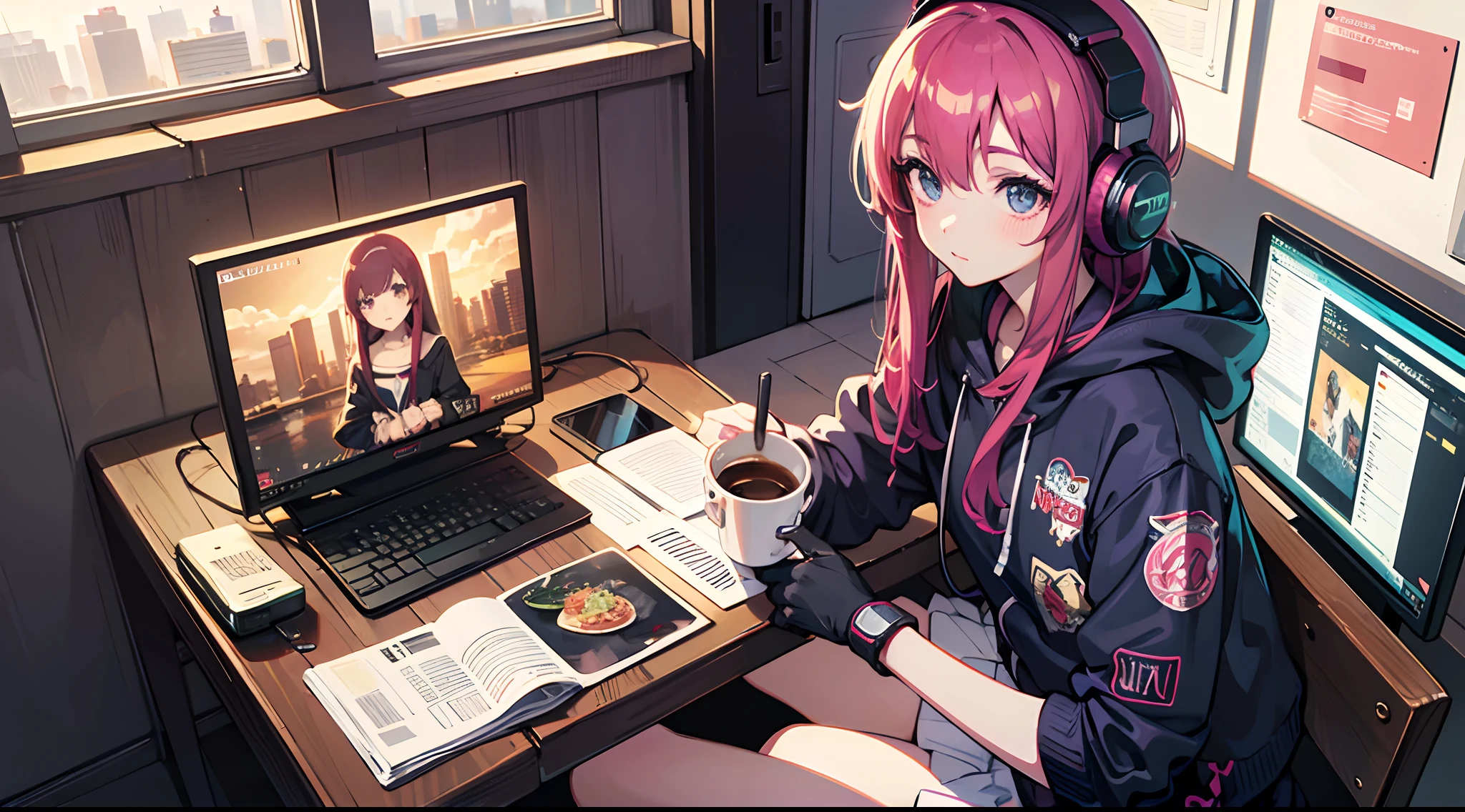 Anime girl sitting at a table with a cup of coffee, headphones, 4K anime style, 8K anime art wallpaper, 4K anime art wallpaper, 4K anime art wallpaper, anime style. 8k, anime wallpaper 4k, anime wallpaper 4k, anime wallpaper 4k, mystery girl cafeteria, lofi artstyle, lofi girl, digital art cyberpunk anime