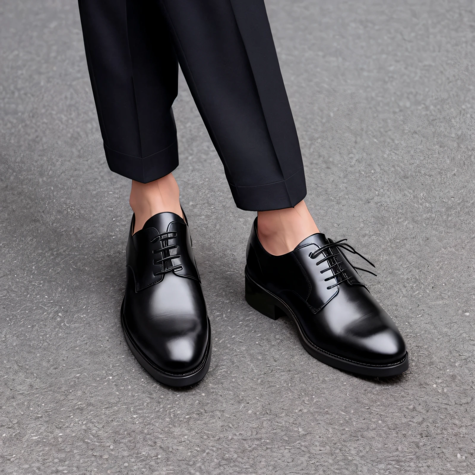 Close-up of a man in black shoes on a white sheet, leather shoes, Black shoes, Black pants and black dress shoes, whole shoe is in picture, warm, platforms, shoes, vanta black, wearing military shoes, Formal attire, professional foot photography, detailed with high quality, closeup picture, 84mm), Smooth and sharp black socks