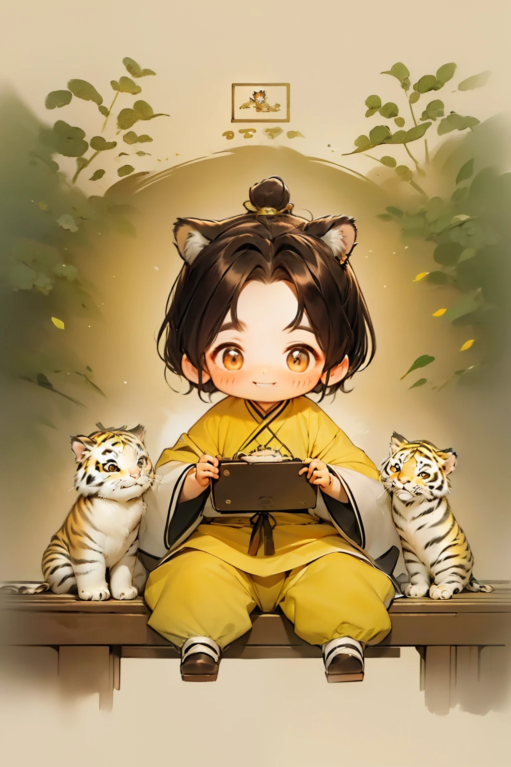 A cute little tiger，Wear yellow clothes，chineseZodiac，Smiling，The eyelashes are very long，art-deco, High detail, concept-art, romanticism lain, Ghibli style colors, Animation style，Close-up, macro photograph, 8K, Super detail, Precise, Best quality, Super HD, Masterpiece, Super detail