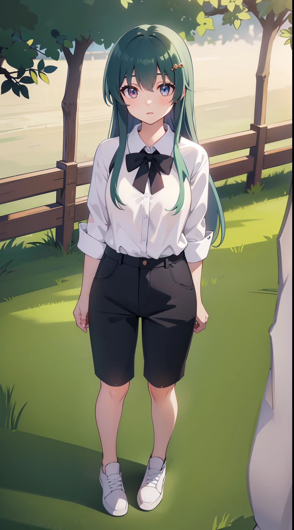 Grassfield background, crop shirt button, standing,
