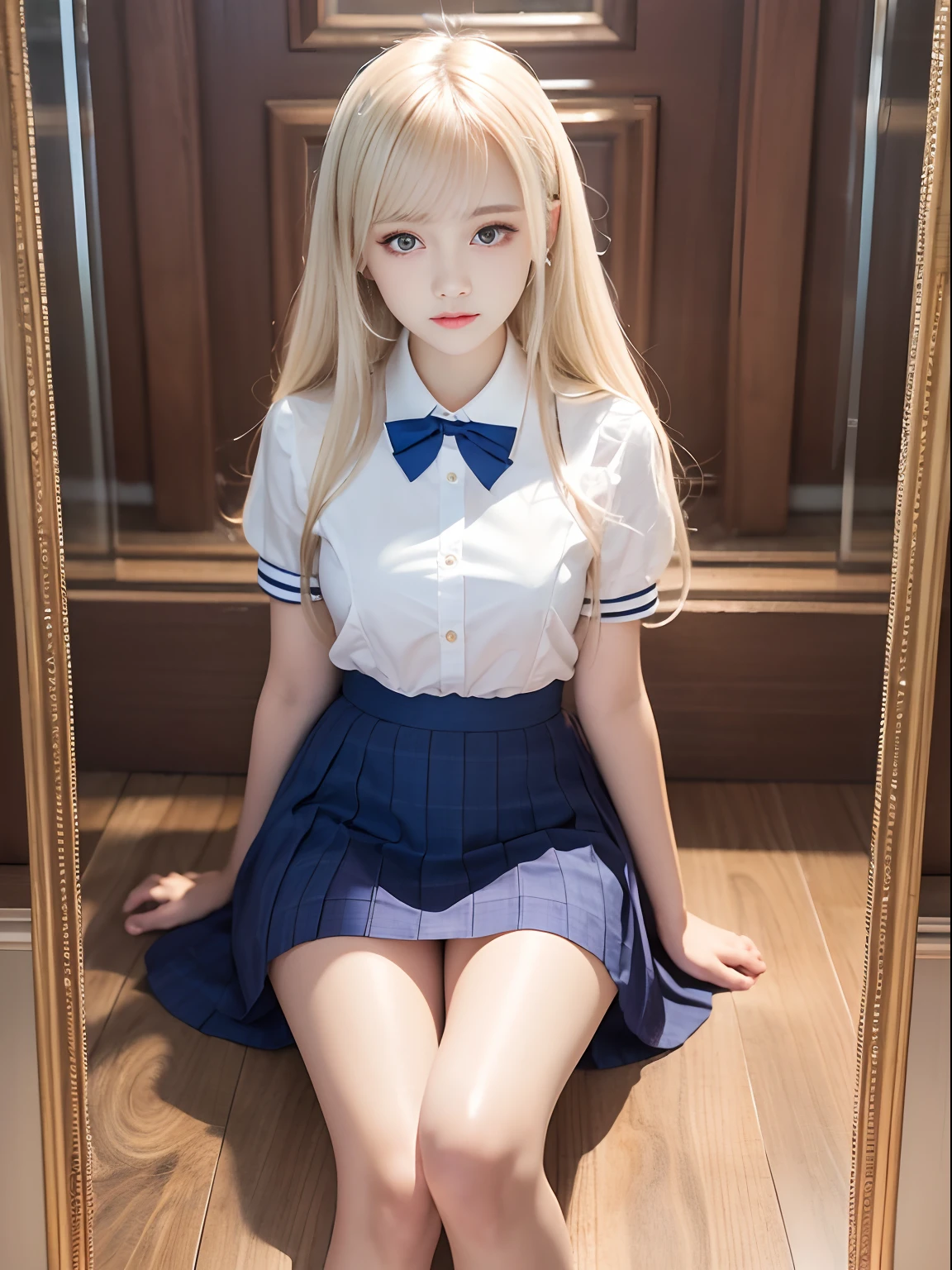 portlate、School Uniforms、bright expression、Young shiny shiny white shiny skin、Best Looks、Blonde reflected light、Platinum blonde hair with dazzling highlights、shiny light hair,、Super long silky straight hair、Beautiful bangs that shine、Glowing crystal clear attractive big blue eyes、Very beautiful nice cute 16 year old girl、Lush bust、