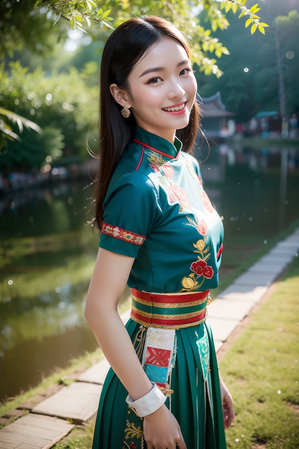 （8K分辨率，Vista full body photo），（1womanl，20yr old，（Facial features of Thai Aom：1.8，s delicate face），Lovely face，详细的脸，Long black hair，Coiled（Messy has layers），Redlip，Fair smooth skin，（Traditional Hmong women's clothing：1.4，（pleatedskirt，There is a waistband（Huge amount of silver jewelry、Miao embroidery、batik），breastsout、The back is trimmed with floral cloth，The cuffs are multi-colored horizontal bars，Cardigans，Silver jewelry on the head。Wear short waist-length，Under the pleated skirt），Tall and tall，The action of conversation，perfect hand，Ultra-fine clothing material），（Traditional Xijiang Miao village，Festive party night background in cottage house，Exquisite environmental details），（exhilarated，confident smile，Rejoice），（profesional lighting，动态照明），（（The colors are more balanced，（white colors，Silvertone，blue colors，red colour））），（Golden section，Cinema lenses，Hasselblad photograp，tmasterpiece：1.3），（Miaozhai idol，Focus in the field，trendsetting，Folklore artist，Art platform）