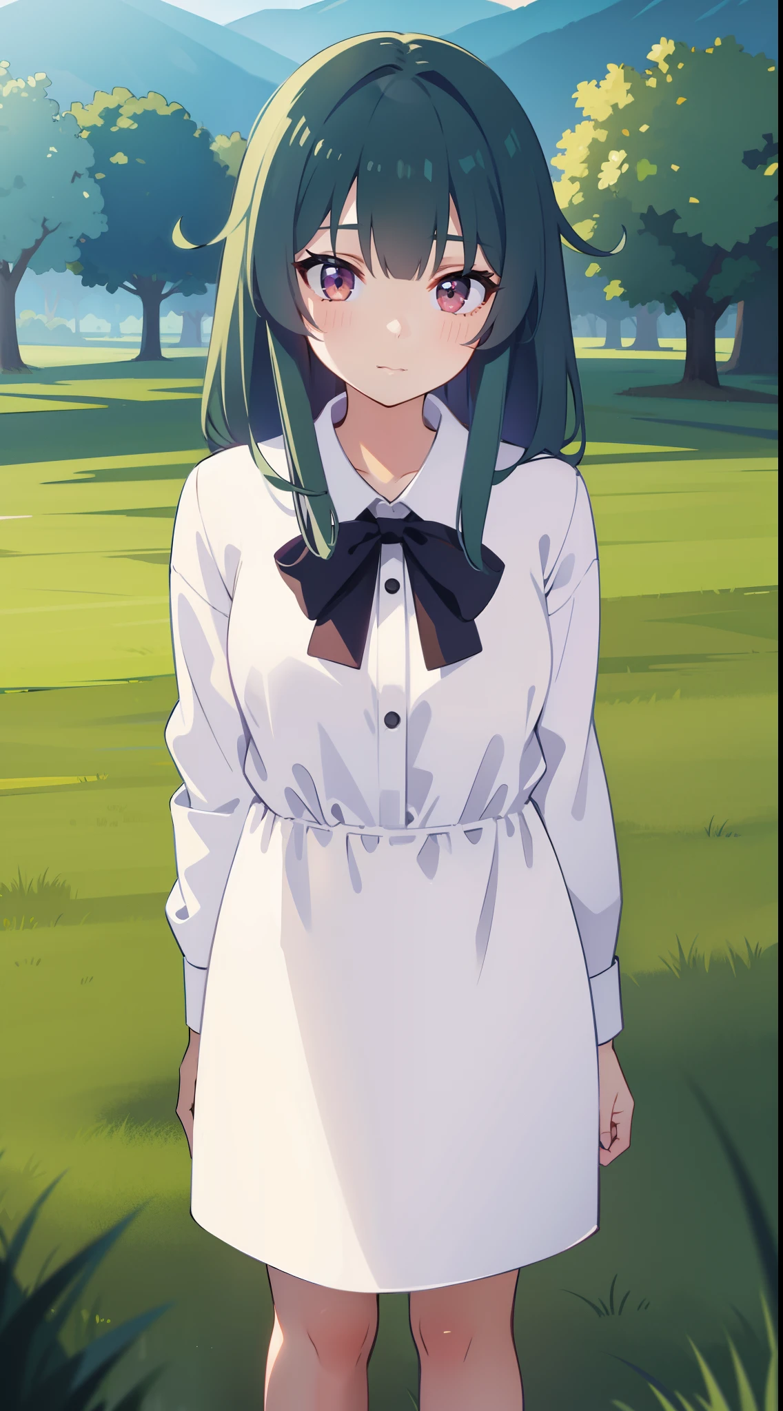 Grassfield background, crop shirt button, standing,