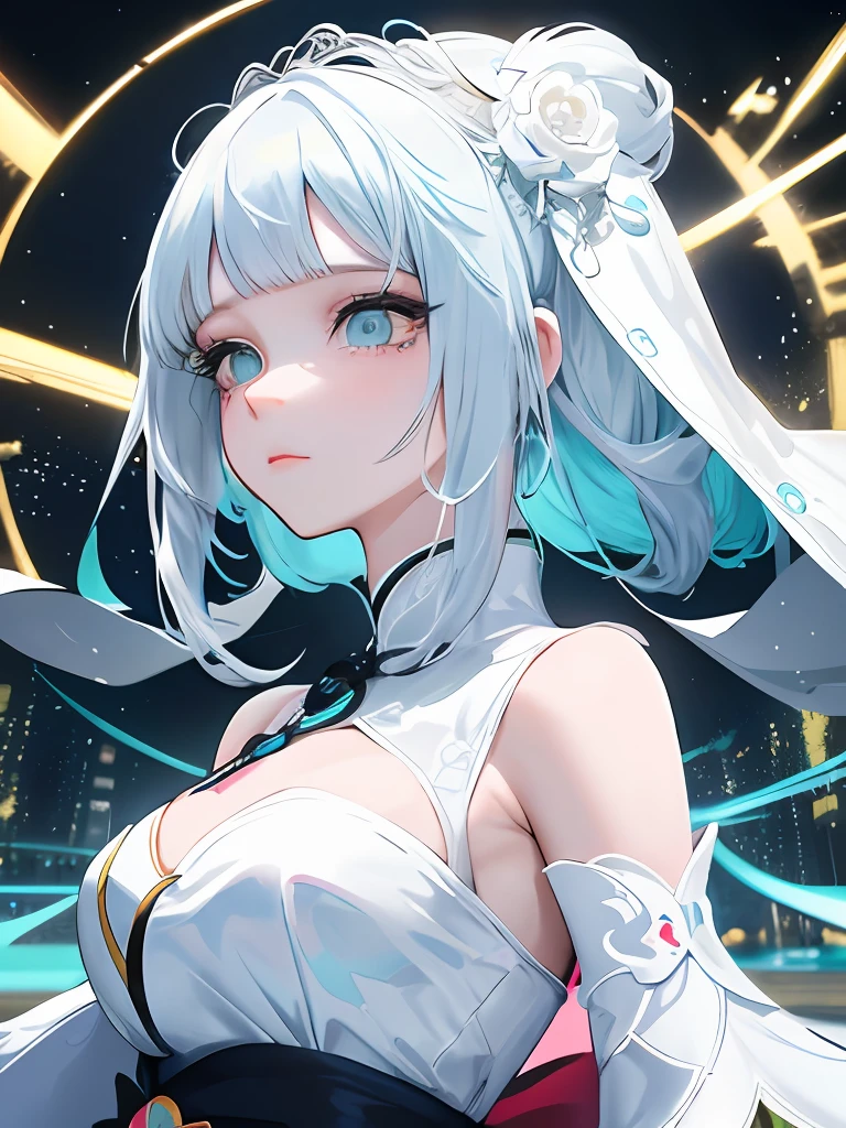 Anime girl with white hair and white dress,, anime goddess, Detailed Digital Anime Art, Beautiful anime girl, beautiful anime woman, beautiful alluring anime woman, anime style 4 k, Anime girl with teal hair,With a white veil，Chinese-style clothing,White flared skirt，Lolita，ssmile,((A detailed face)),ornate,Bewitching,GenshinImpact,brightly lit room、GenshinImpact