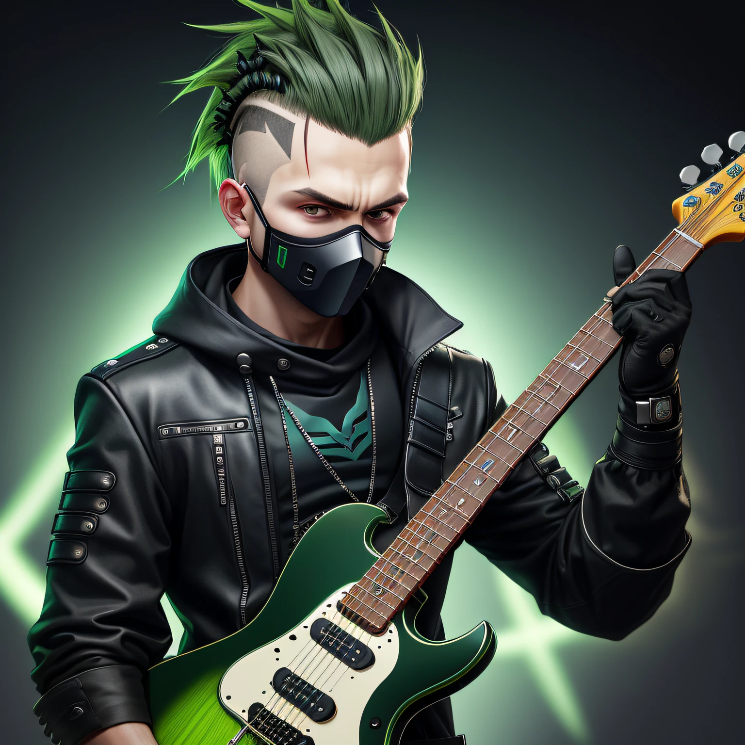 best quality) (extra high definition) boy hair Mohican green with mask, dark style, black clothing blue details, looking at you, guitar in hand, stage band