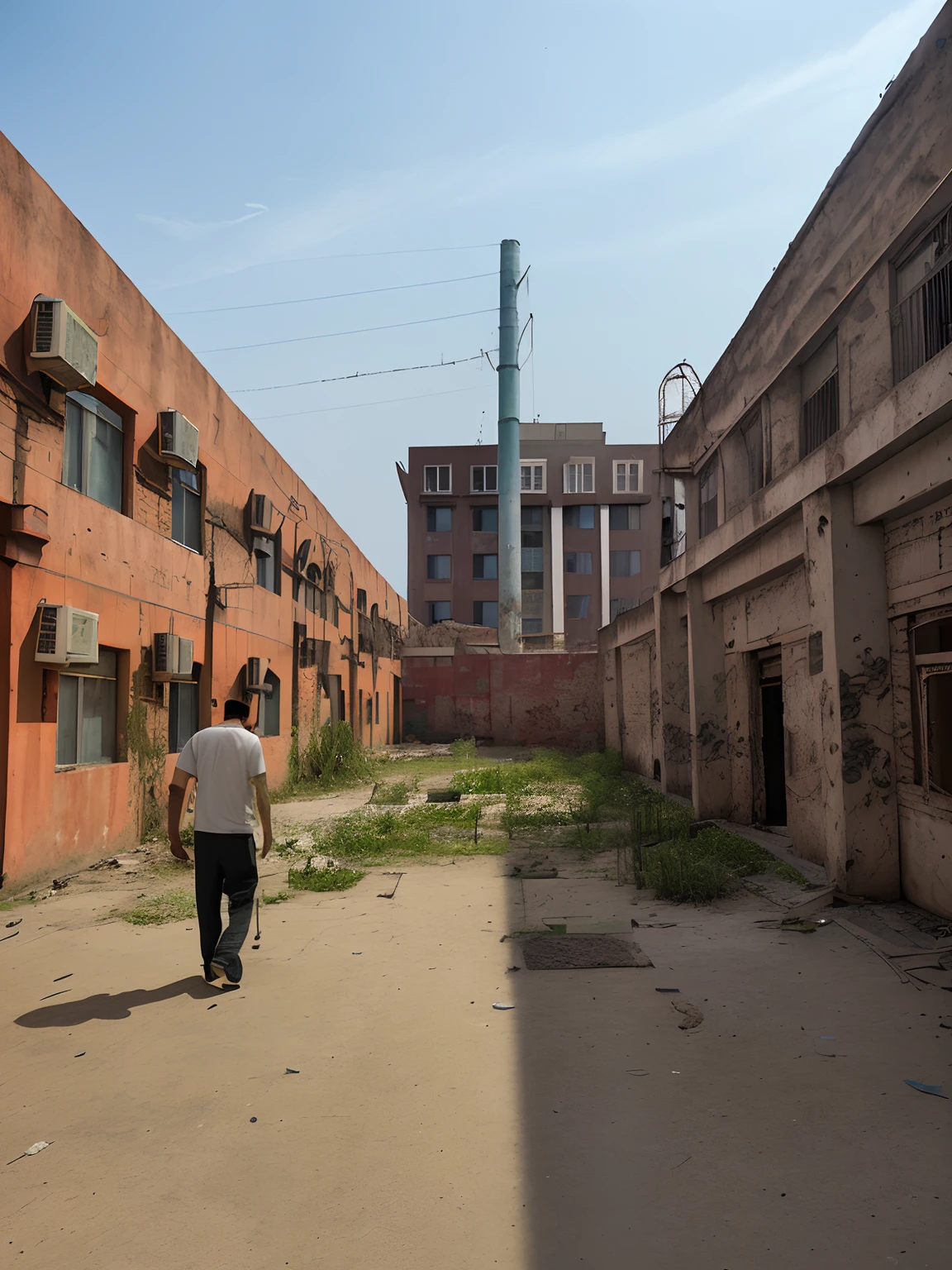 There was a man walking the streets of the ancient city, empty building with vegetation, an abandonded courtyard, chinese men in a prison, baotou china, post - soviet courtyard, Inspired by Zhang Kechun, abandoned factory, big poor building, rundown buildings, a wide open courtyard in an epic, in a narrow chinese alley, raising between the buildings