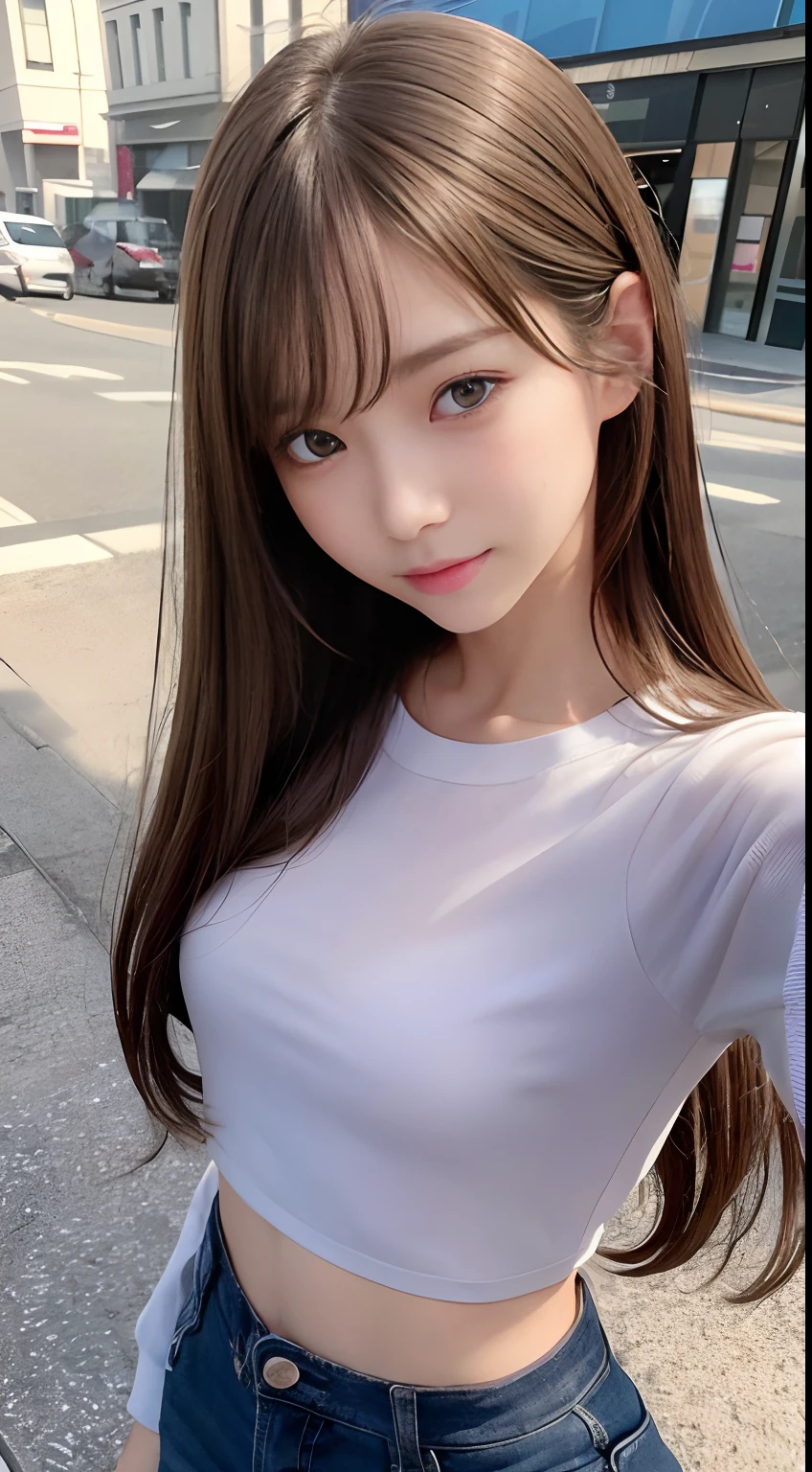 top-quality、超A high resolution、(Photorealsitic:1.4)、Beautie、Korean Idols、21years old、extremely detailed eye and face、beatiful detailed eyes、eye line、lofty nose、a small face、Natural sunlight、depth of fields、Blurry background、hight resolution、8k wallpaper、finely detail、Very detailed 8k wallpaper、length hair、light brown hair、Clean and wavy hairstyle、small tits、Very small breasts、Realistic eyes, slender narrow eyes、Beautiful eyes、A smile、croptop、Wear a sheer shirt、a miniskirt、In the street、slender、A slender、Slender body lines、Selfie