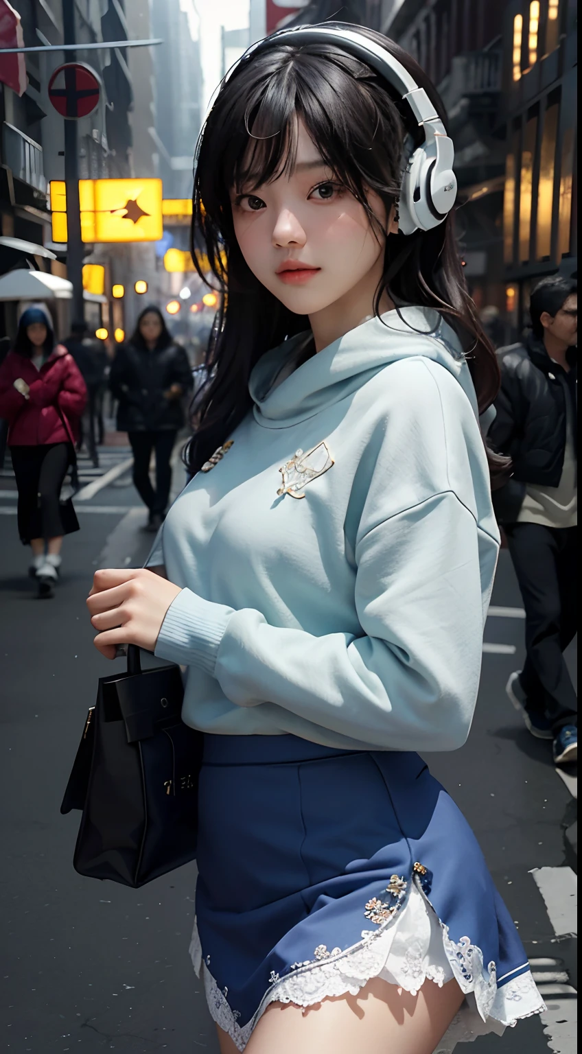 Highest image quality,Outstanding details,超高分辨率,(Fidelity:1.4),The best illustration,Favor the details,Highly cohesive 1girl,He has a delicate and beautiful face,Wear colorful sweatshirts,1.2,Silk lace skirt,with headphones on,Ride a royal blue metal motorcycle,1girll,Short white lace skirt,The background is a high-tech lighting scene in the future city。