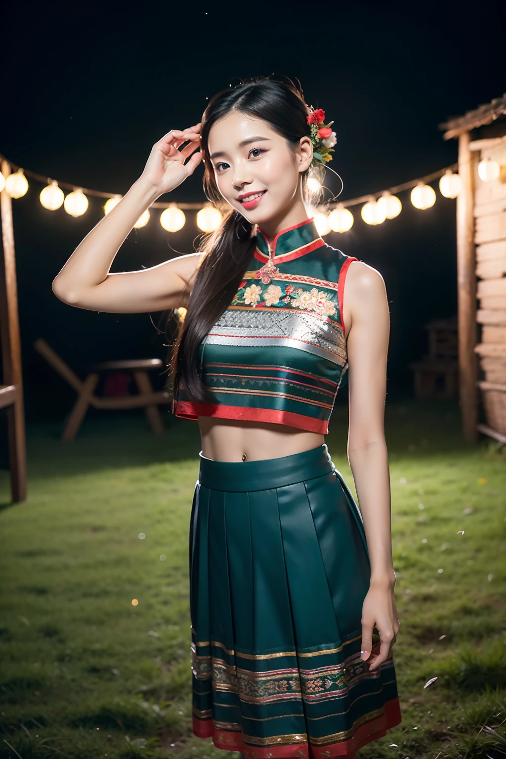 (8K分辨率,Vista full body photo),(1womanl,20yr old,(Facial features of Thai Aom:1.8,s delicate face),Lovely face,详细的脸,Long black hair,Coiled(Messy has layers),Redlip,Fair smooth skin,(Traditional Hmong women's clothing:1.4,(pleatedskirt,There is a waistband(Huge amount of silver jewelry、Miao embroidery、batik),breastsout、The back is trimmed with floral cloth,The cuffs are multi-colored horizontal bars,Cardigans,Silver jewelry on the head。Wear short waist-length,Under the pleated skirt),Tall and tall,The action of conversation,perfect hand,Ultra-fine clothing material),(Traditional Xijiang Miao village,Festive party night background in cottage house,Exquisite environmental details),(exhilarated,confident smile,Rejoice),(profesional lighting,动态照明),((The colors are more balanced,(white colors,Silvertone,blue colors,red colour))),(Golden section,Cinema lenses,Hasselblad photograp,tmasterpiece:1.3),(Miaozhai idol,Focus in the field,trendsetting,Folklore artist,Art platform)