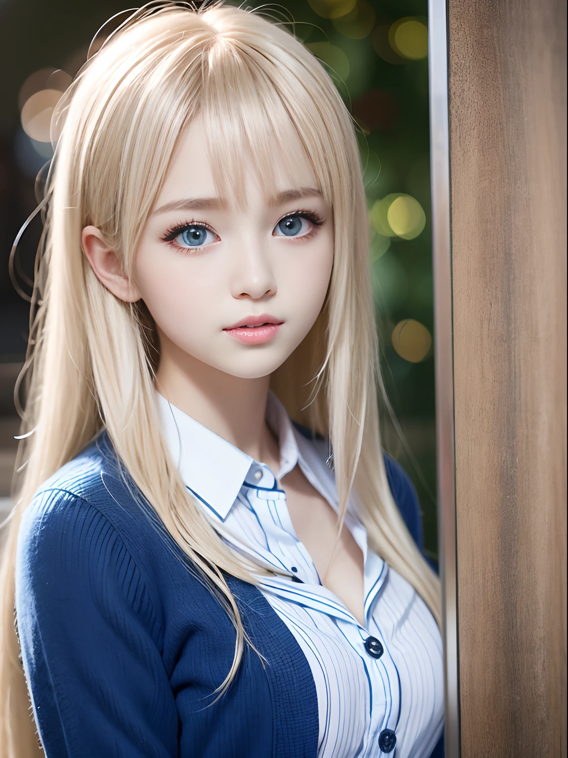 portlate、School Uniforms、bright expression、Young shiny shiny white shiny skin、Best Looks、Blonde reflected light、Platinum blonde hair with dazzling highlights、shiny light hair,、Super long silky straight hair、Beautiful bangs that shine、Glowing crystal clear attractive big blue eyes、Very beautiful nice cute 16 year old girl、Lush bust、