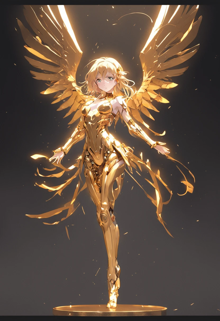 Mechanical style,Gold Theme,(1 mechanical female angel,anatomically correct,full body, golden wings,standing,circular base),Black and white background, (3D render,Cinematic Lighting, Chiaroscuro)