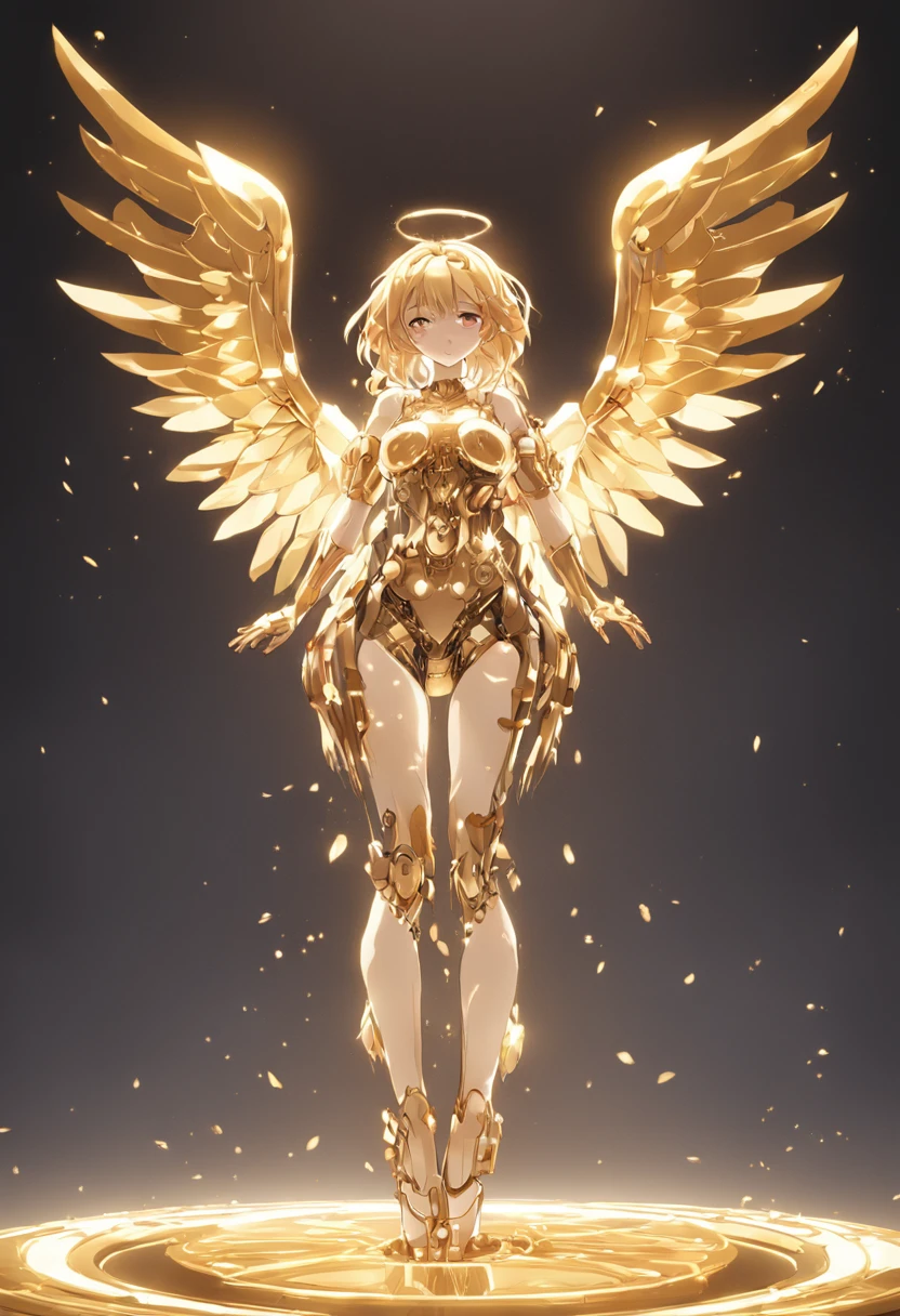 Mechanical style,Gold Theme,(1 mechanical female angel,anatomically correct,full body, golden wings,standing,circular base),Black and white background, (3D render,Cinematic Lighting, Chiaroscuro)