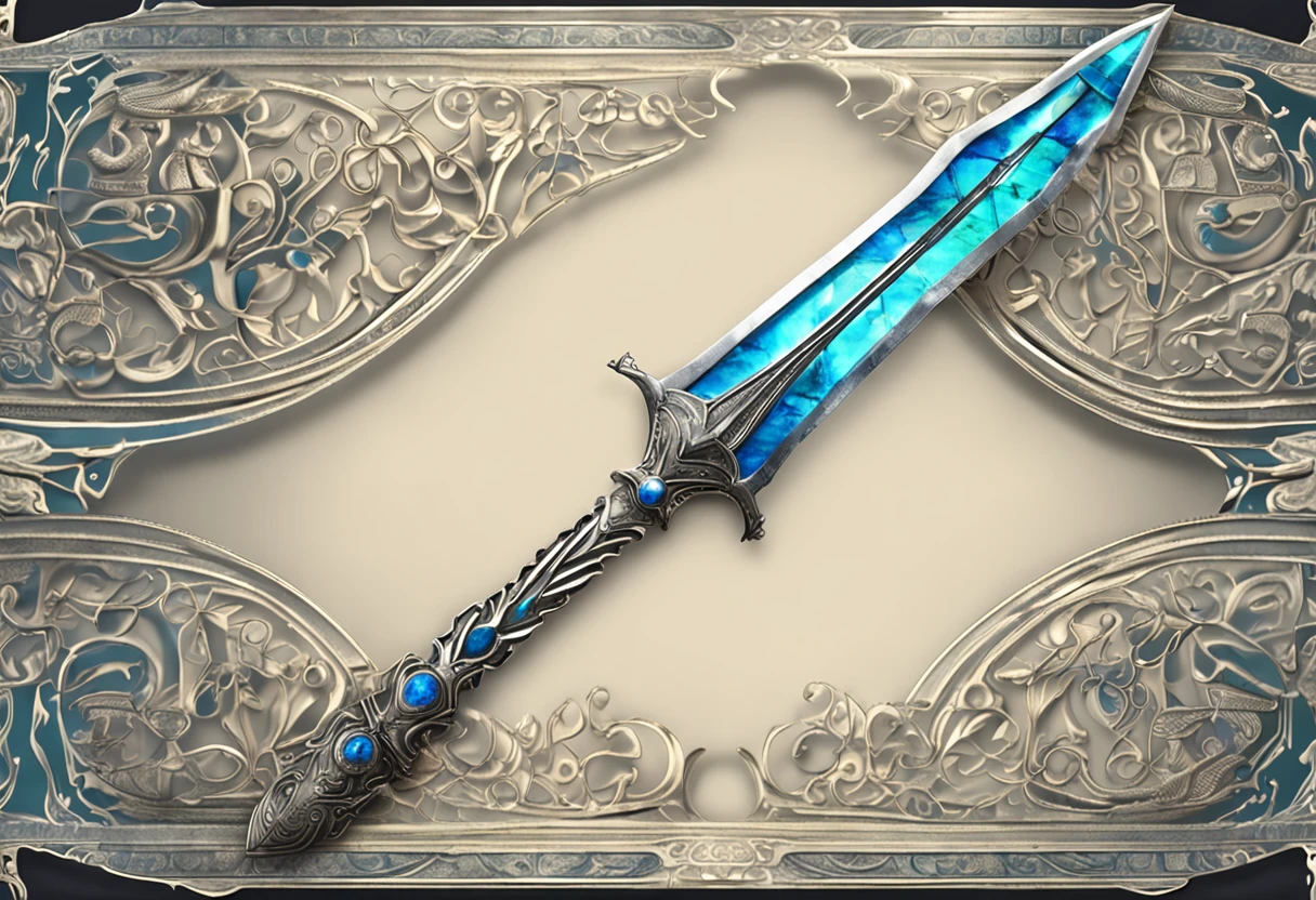 Excalibur, Exquisite handle, The sword body is delicate and exquisitely ornamented,(((The body of the sword is designed with blue opal and light green particle effect alien patterns:1.3))), Edge, (The sword body is symmetrically ornamented:1.3), (Excalibur's entire blade is centered:1.3), Mid-range close-up,(Overall silhouette:1.3),(Fantastic landscape painting:1.2), Ultra photo realism, super-fine, 8K, Premium wallpapers, Highest image quality, 3D,C4D, Master masterpieces, octane rendering