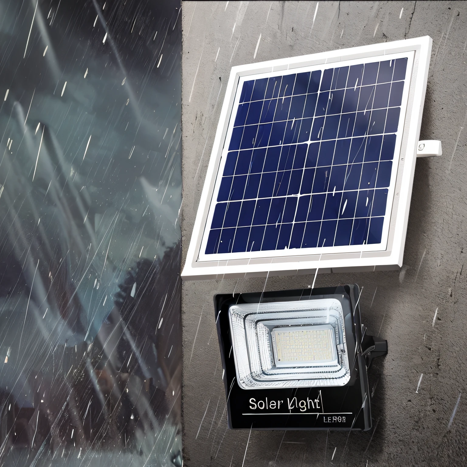 There are solar panels and floodlights on the ground, flood lighting, solar power, led floodlights, rainy sky, led floodlights, Solar product photos, Solara, solar power, Equipped with professional lighting, Product photo, Accurate depiction, solar power,