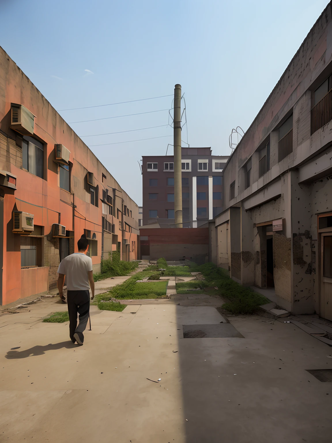 There was a man walking the streets of the ancient city, empty building with vegetation, an abandonded courtyard, chinese men in a prison, baotou china, post - soviet courtyard, Inspired by Zhang Kechun, abandoned factory, big poor building, rundown buildings, a wide open courtyard in an epic, in a narrow chinese alley, raising between the buildings