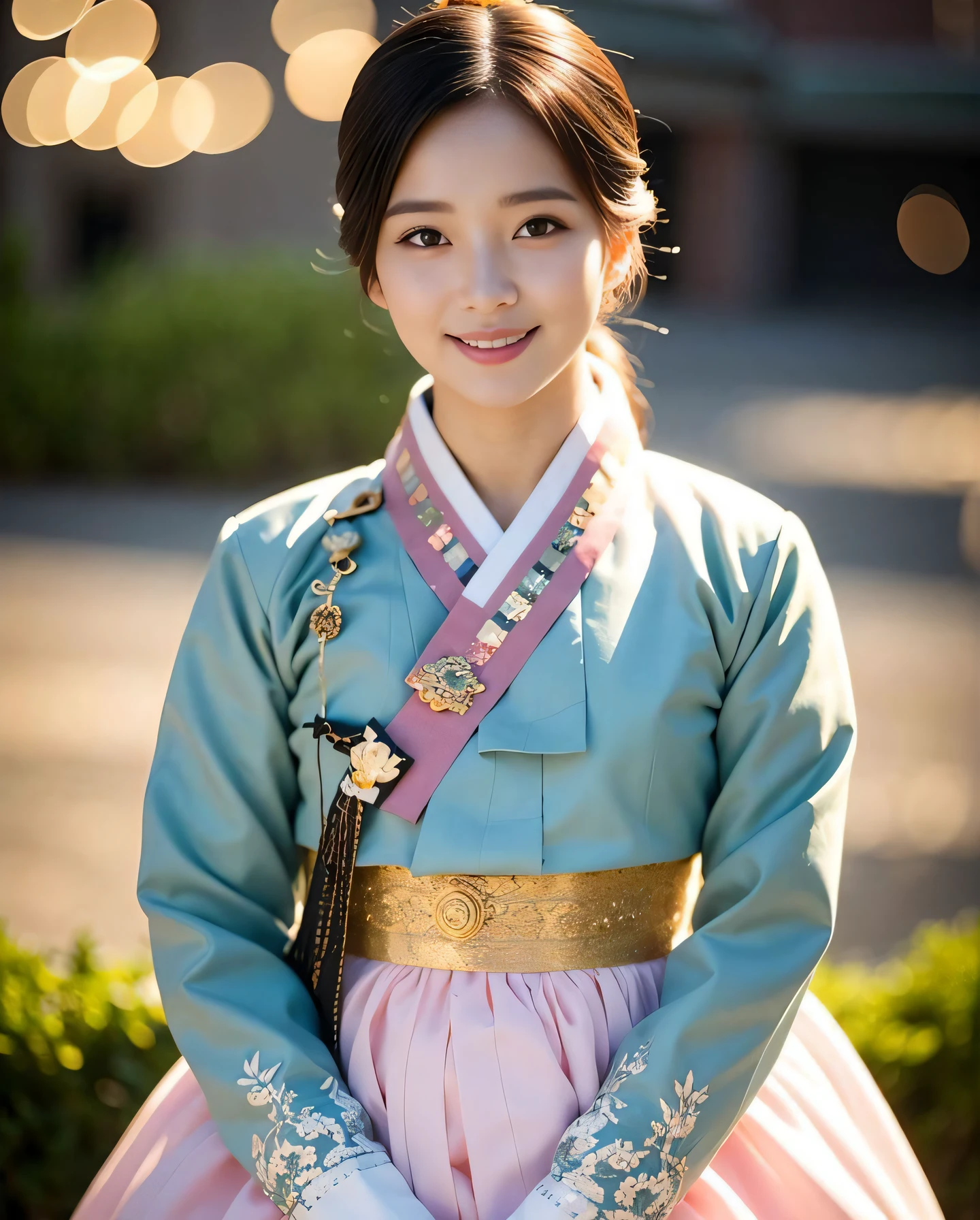 A woman in a blue and pink hanbok dress posing for a picture SeaArt AI