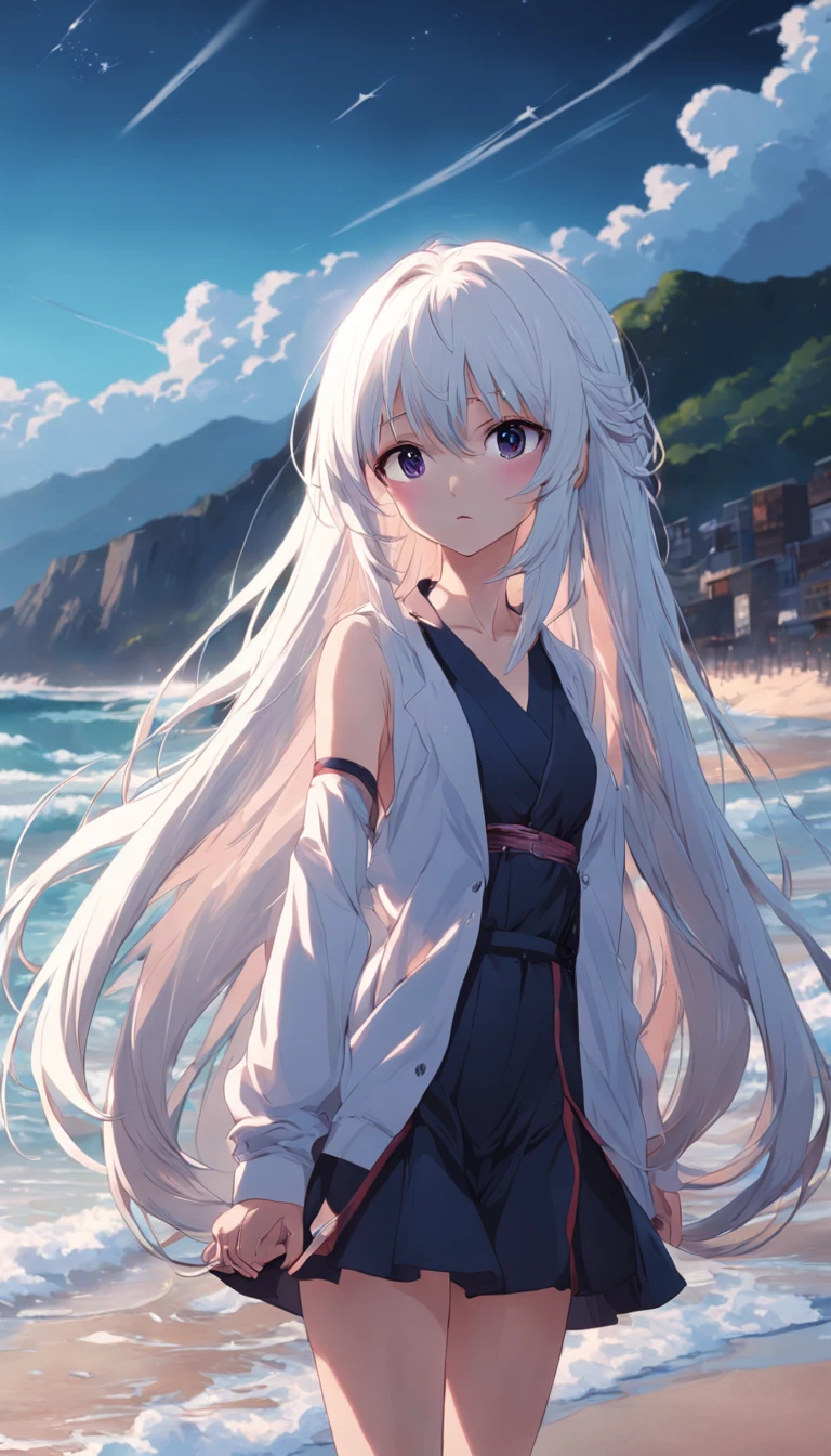beach,look up,long white hair,dark
