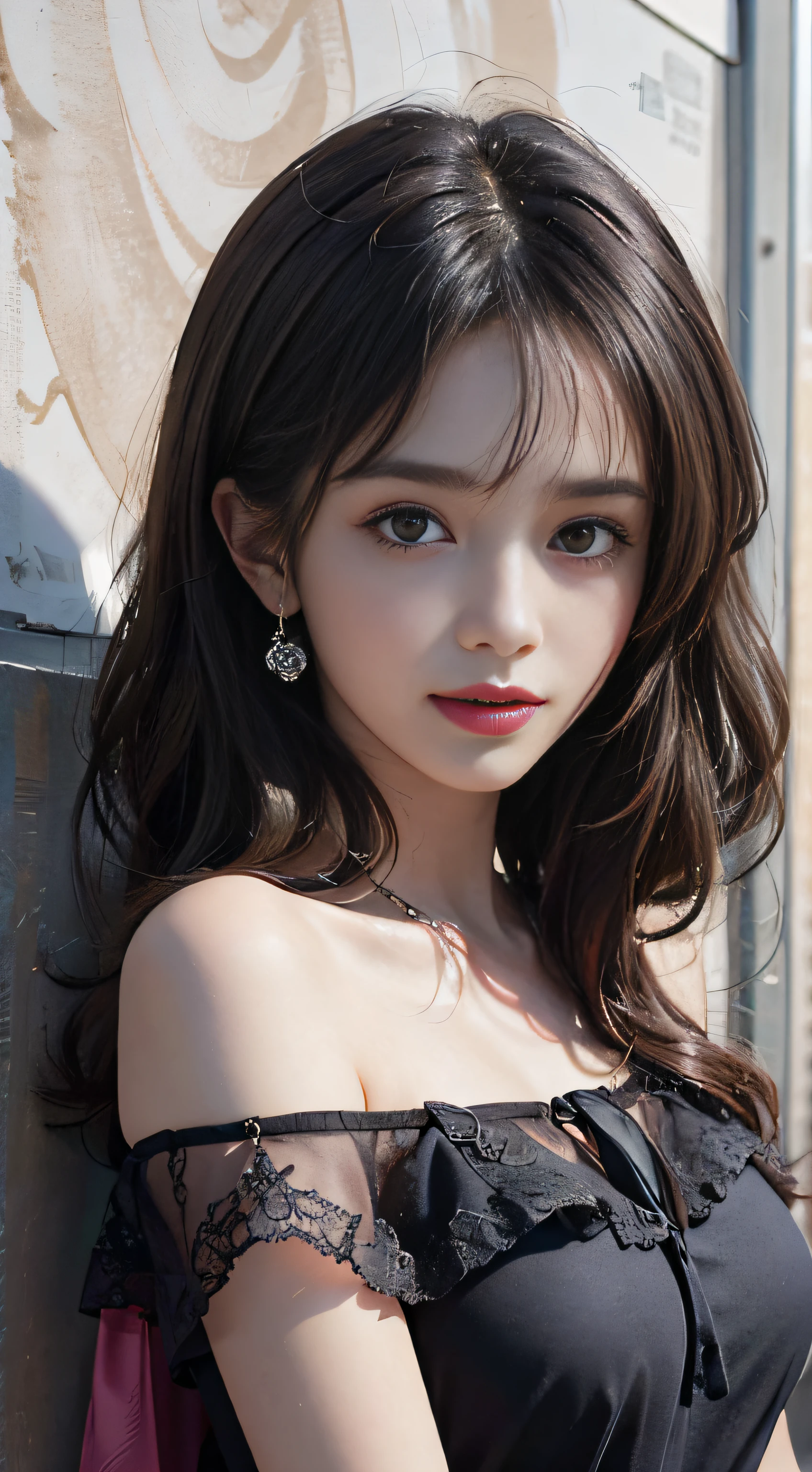 (A hyper-realistic)、(illustratio)、(hight resolution)、(8K)、(ighly detailed)、(Best Illustration)、(beautifully detailed eyes)、(top-quality)、(ultra-detailliert)、(masterpiece)、(wall-paper)、(A detailed face)、独奏、1 girl in、looking at viewert、fine detailed、A detailed face、in the darkness nigth、deep-shadows、lowkey、pureerosfaceace_v1、A smile、long、Black shawl straight hair、46-point diagonal bangs, (silk dresses、long skirt)(off shoulders)