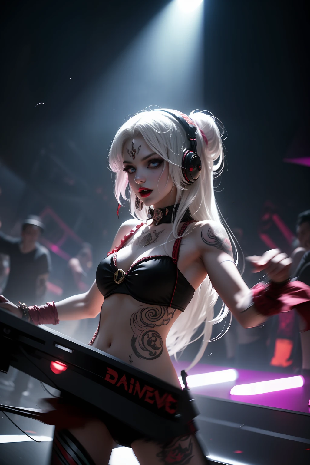 Upper body,Lateral face, Female vampire DJ, Carnival expression,Look at the crowd,Vampires,Wear a bikini,Tattooed with,Red eyes,White hair, Quirky, Vibrant appearance, Playful accessories, Bright colors,Creative behavior, Rambled, Sensual, Spontaneous, DJ headphones, ((Mixing Console)), ((Carnival dance floor:1.2)),Dysfunctional punk vampire girl, Revel vampire girls,Vampire Club,Vampire nightclub, In the Vampire Castle,goth style,Independent cinema, People dancing on dance floor background, Underground danceclub, Underground danceclub,night club, Highest quality, Skin texture, Intricate details, (Cinematic lighting), RAW photo, 8K,Psychedelic surrealist art,Surrealist psychedelic design,dream art style,Illusion psychedelic art, Colorful dark vectors,