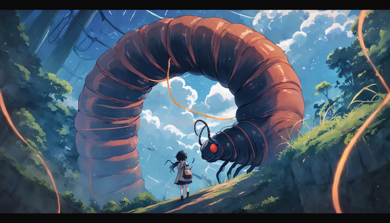 mid air，A giant millipede，Navigate the clouds，