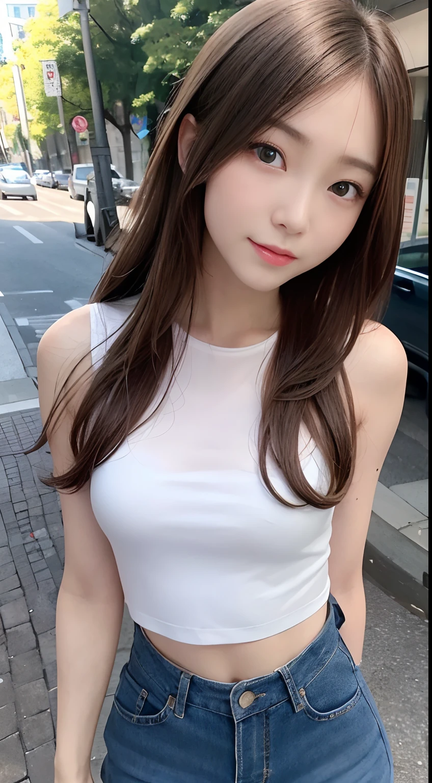 Tabletop, Highest quality, figure, Very detailed, In detail, High resolution, 8k wallpaper, Perfect dynamic composition, Beautiful attention to detail, Tank top clothes, Medium Hair, Center of chest, Natural color lip, Random sexy poses,smile,Aoyama Street Walk