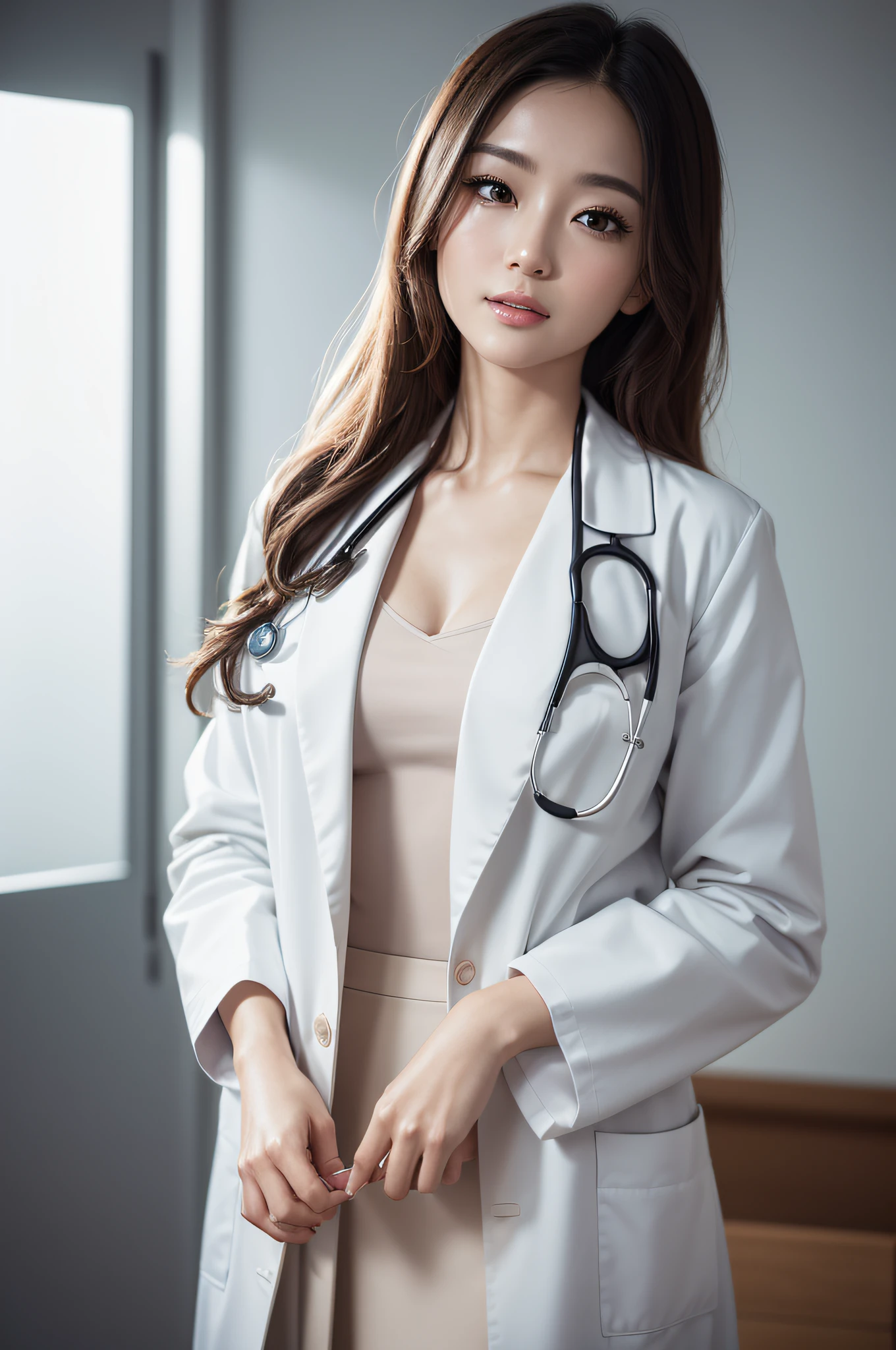Photorealistic beautiful doctor、stunningly beautiful、doctors white coat, Collared shirt、(top-quality、8K、32K、masterpiece、nffsw:1.3)、超A high resolution,(Photorealsitic:1.4),Raw photography, Detailed face,,Beautiful hair, ((Doctor Style)), , tight skirts、 Natural makeup,, large full breasts、inside hospital, Detailed background, Perfect Lighting, depth of fields, Beautiful shadow gradient,stethoscope ,