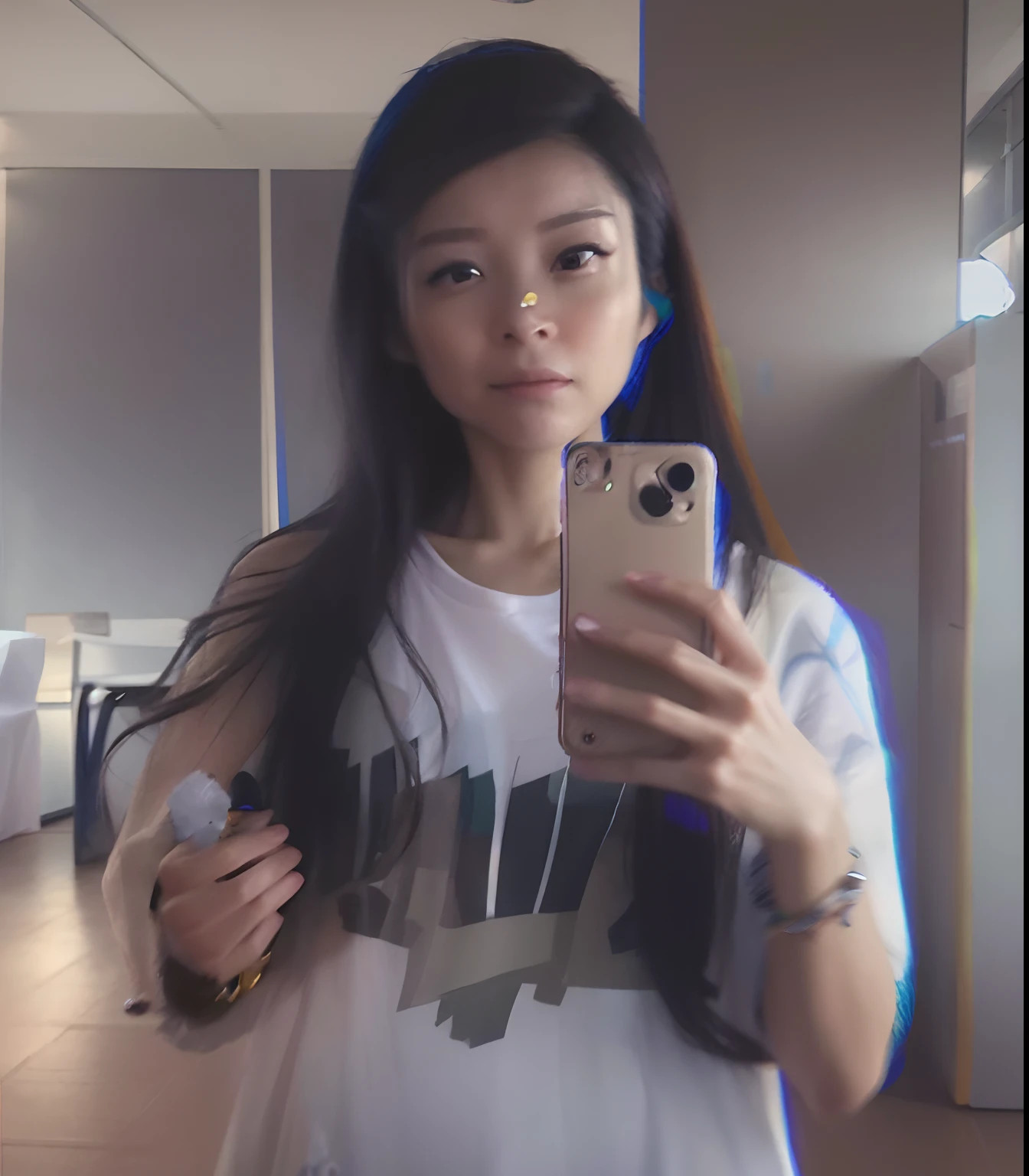 there is a woman that is taking a selfie in a mirror, distorted photo, low quality footage, full-body xianxia, cruel korean goth girl, 8k selfie photograph, low quality video, xision wu, Chinese girl, low quality photo, 18 years old, Guviz, Mirror selfie, grainy low quality, selfie of a young woman