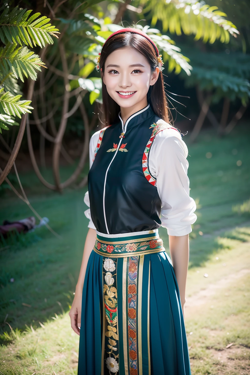 (8K分辨率,Vista full body photo),(1womanl,20yr old,(Facial features of Thai Aom:1.8,s delicate face),Lovely face,详细的脸,Long black hair,Coiled(Messy has layers),Redlip,Fair smooth skin,(Traditional Hmong women's clothing:1.4,(pleatedskirt,There is a waistband(Huge amount of silver jewelry、Miao embroidery、batik),breastsout、The back is trimmed with floral cloth,The cuffs are multi-colored horizontal bars,Cardigans,Silver jewelry on the head。Wear short waist-length,Under the pleated skirt),Tall and tall,The action of conversation,perfect hand,Ultra-fine clothing material),(Traditional Xijiang Miao village,Festive party night background in cottage house,Exquisite environmental details),(exhilarated,confident smile,Rejoice),(profesional lighting,动态照明),((The colors are more balanced,(white colors,Silvertone,blue colors,red colour))),(Golden section,Cinema lenses,Hasselblad photograp,tmasterpiece:1.3),(Miaozhai idol,Focus in the field,trendsetting,Folklore artist,Art platform)