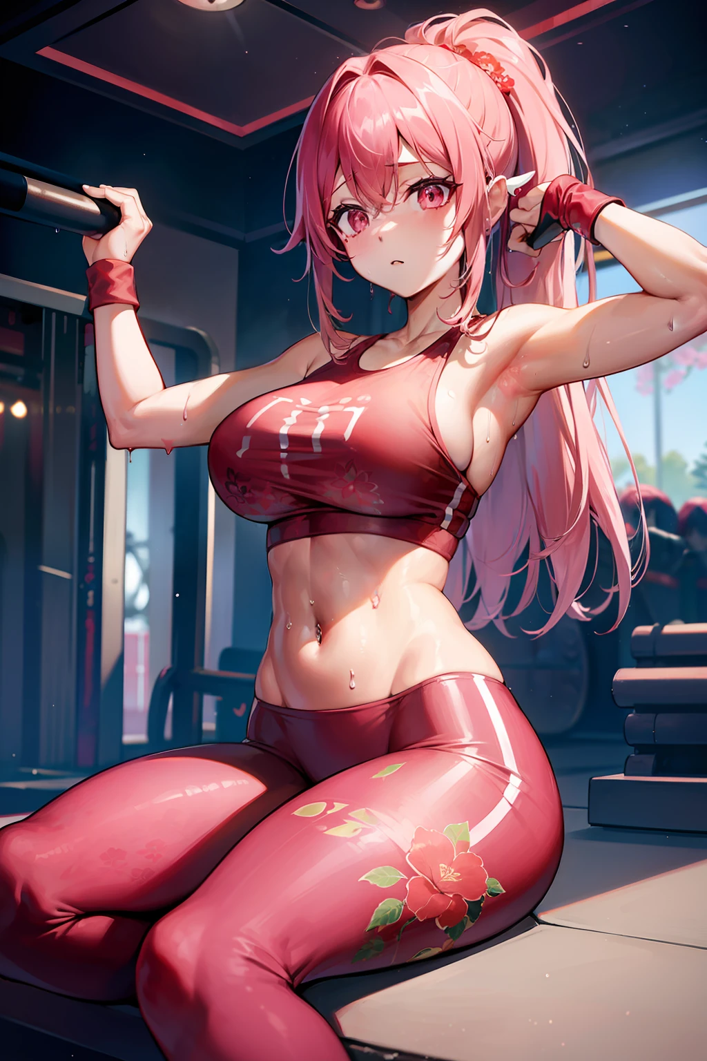 fitness gym、Wet light red floral fitness wear and leggings、Navel Ejection、Longhaire、Pink hair、wristbands、Colossal tits、perspiring、abdominals、belly button piercing、Sitting with open legs