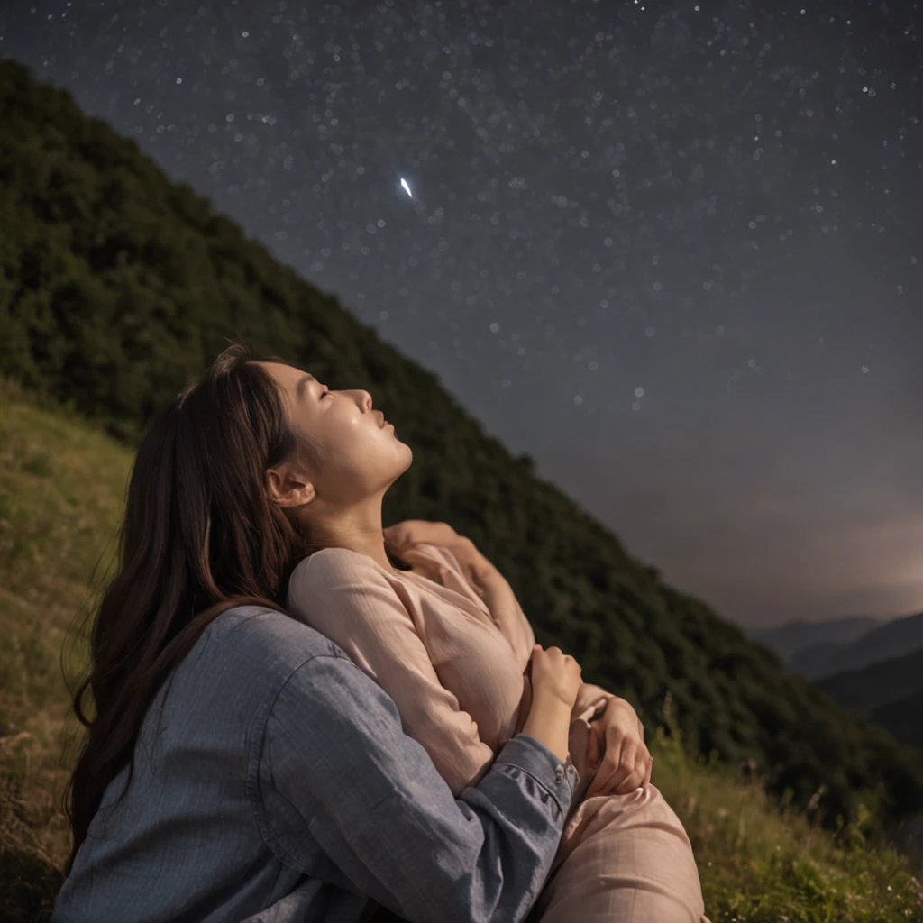 On the slope of the field on the mountain, She and he lay face down、Looking up at the night sky、She tilted her face towards me and looked at me.、she is blushing、Holding the hand of his right hand and her left hand、The viewpoint is looking up at the night sky from between the heads of two people、Flow of shooting stars、There is no light source other than the night sky、It may be cold on the mountain, So they can see their white breath turn into mist.、masterpiece、realisitic