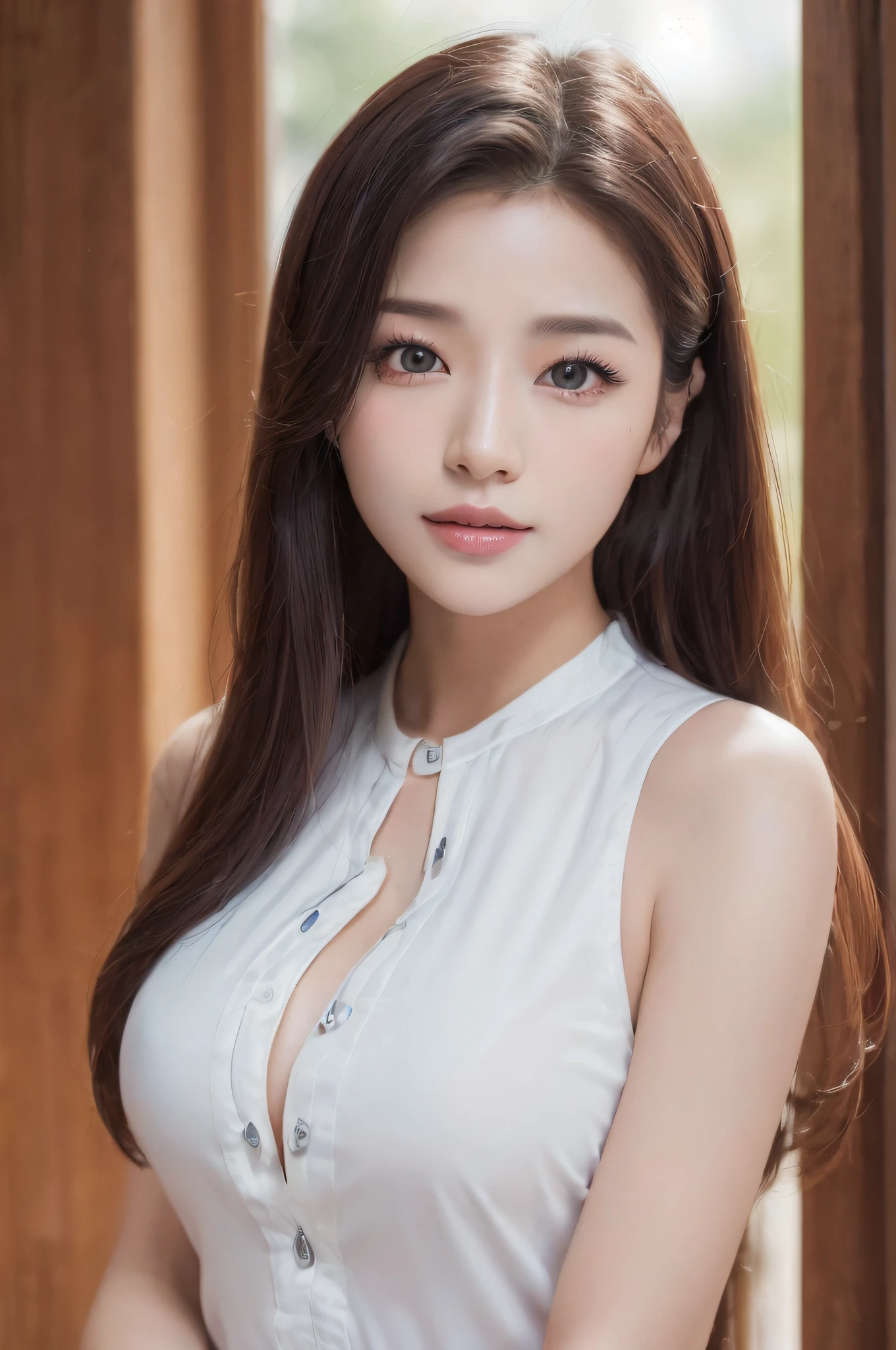 ((best qualtiy、8K masterpiece:1.3))、foco nítido:1.2、(ultra beautiful faces:1.0)、(shiny skins:1.0)、Photos realistic、red tinted hair、Video lighting、High-definition eyes and face、Video lighting、(cow boy shot:1.3)、(Korean sexy actress)、From the front side、Medium large breasts、ssmile、Sleeveless、In a white blouse shirt