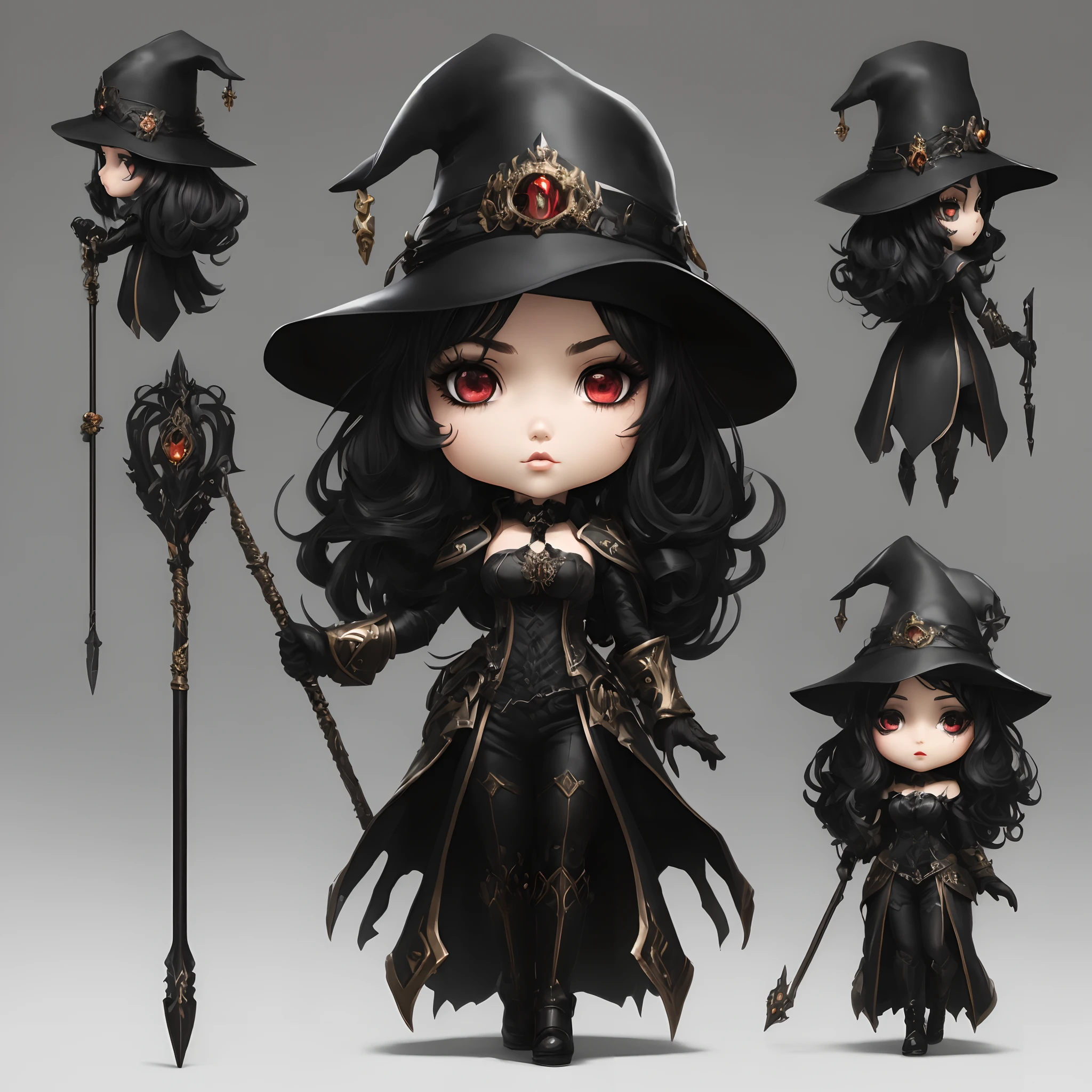 Close-up of a doll holding a hat and cane, dark witch character, fashionable dark witch, black - haired mage, dark fantasy character design, supervillain sorceress witch, dark sorceress full view, dark fantasy female magician, mighty plump female sorceress, epic mage girl character, mechanized witch girl, by Yang J