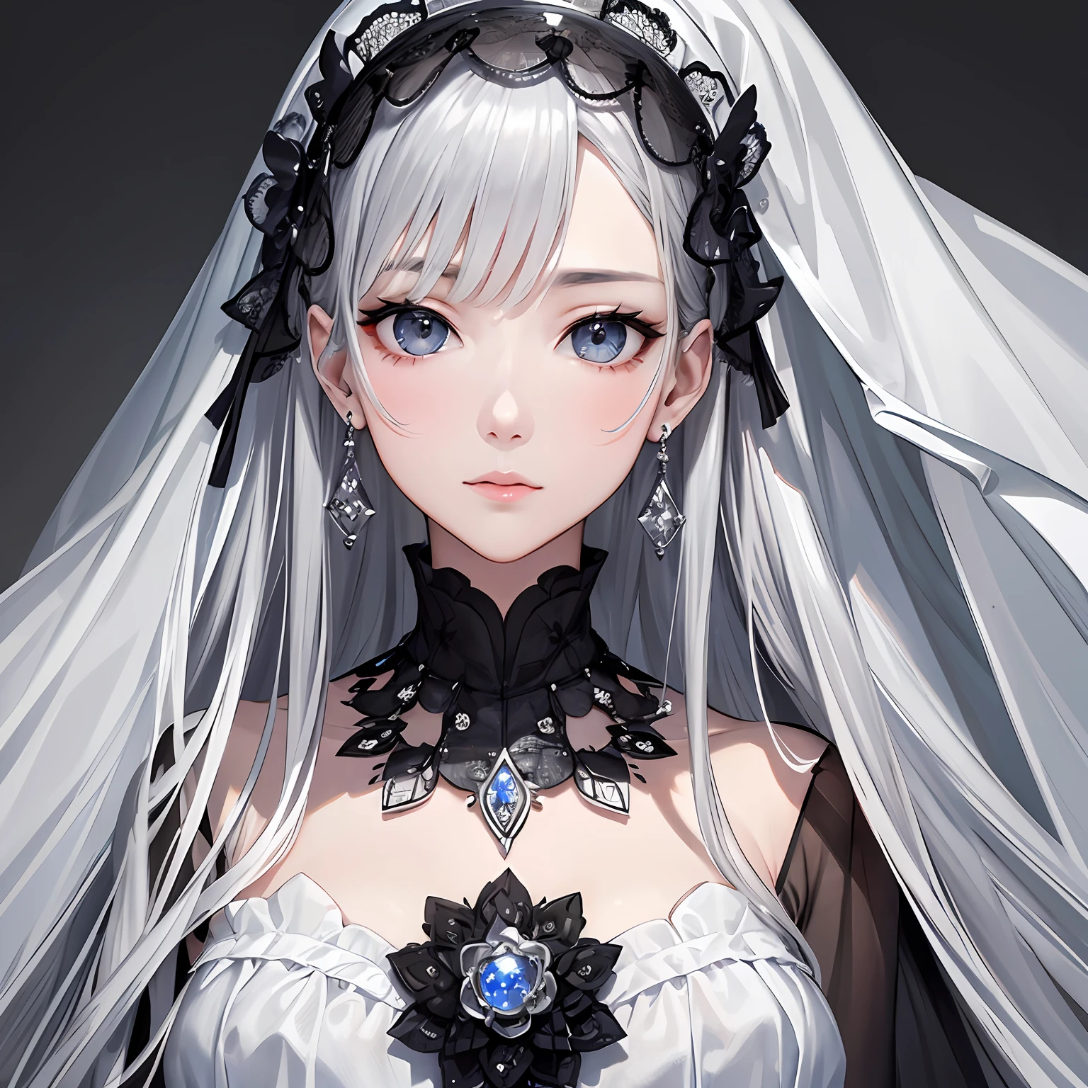 masterpiece、top-quality、hight resolution、High-quality images、8K、1womanl、detaileds、Detailed eye depiction、skin gloss、Lustrous silver hair、Monochrome grayscale、Nomiya、portlate、Tearing clouds