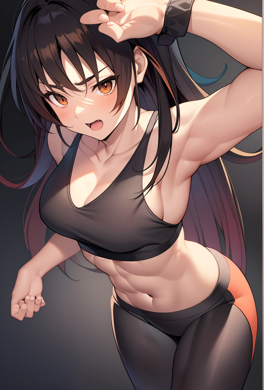 Anime boy in black sports bra poses for camera, garments:Sportsbra, He has long orange-brown hair, male anime characters, marin kitagawa fanart, Seductive Anime Boy, Muscular men, (Anime Boy),