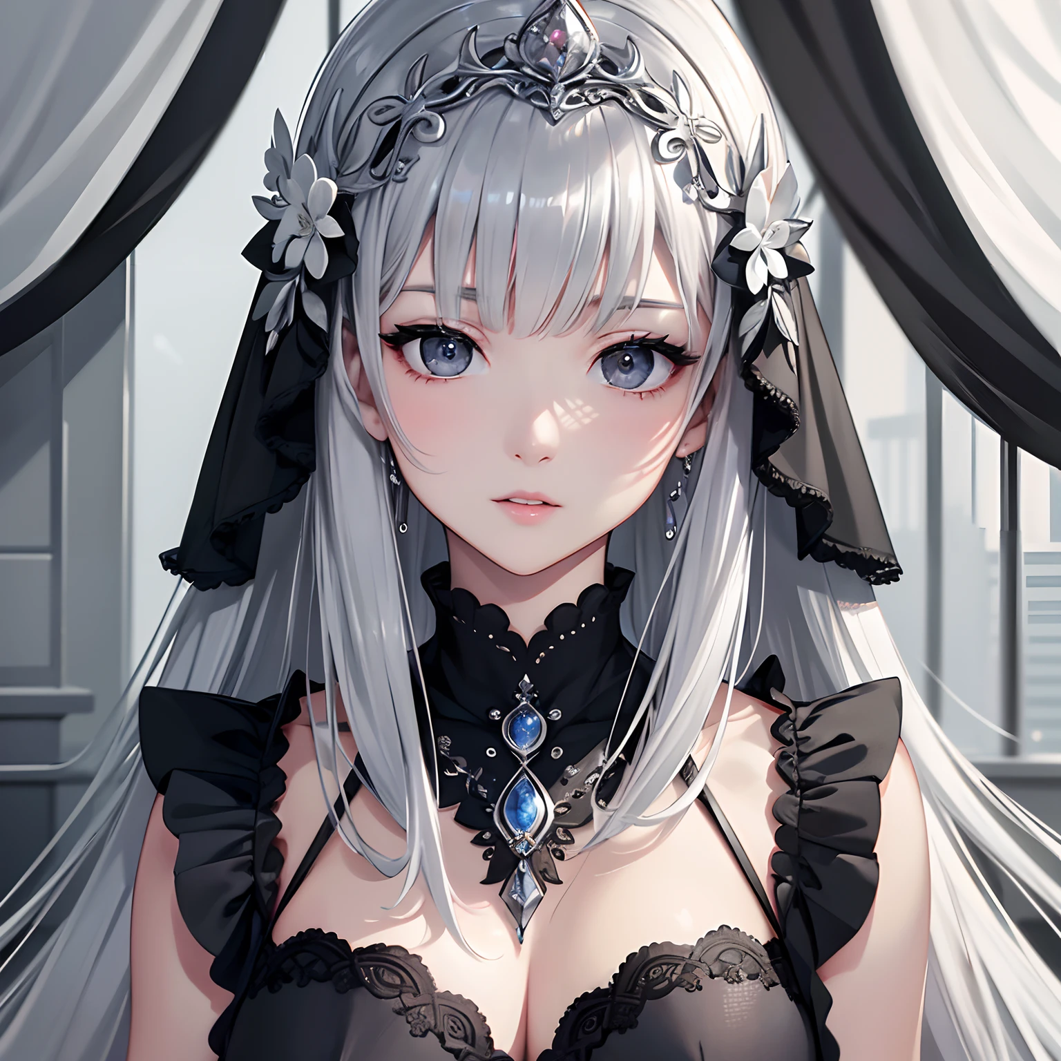 masterpiece、top-quality、hight resolution、High-quality images、8K、1womanl、detaileds、Detailed eye depiction、skin gloss、Lustrous silver hair、Monochrome grayscale、Nomiya、portlate、The usual way home