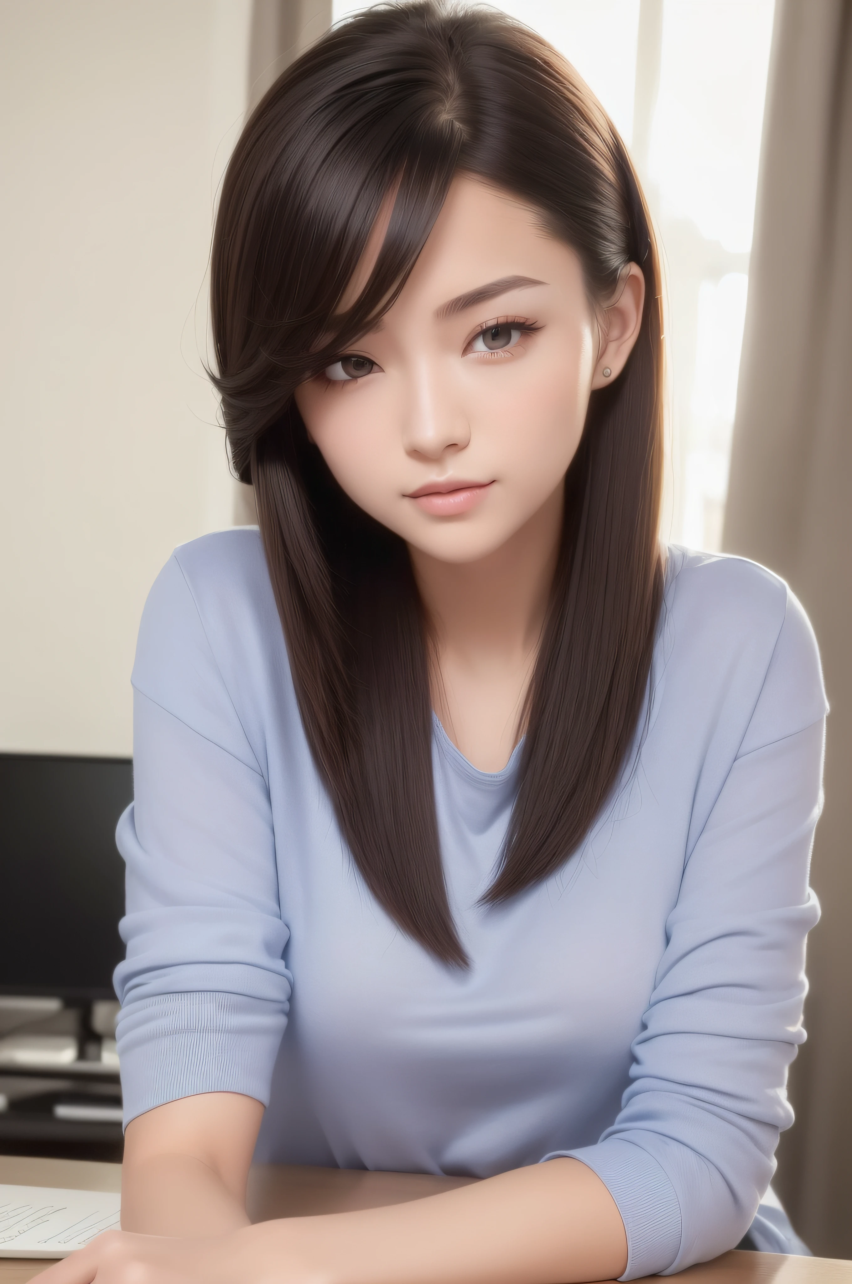 ((Best picture quality, 8K, tmasterpiece:1.3)), 1 female, Beautiful woman with slender abs:1.3, (Casual hairstyle,:1.2), Ultra-fine face,Girl studying on desk