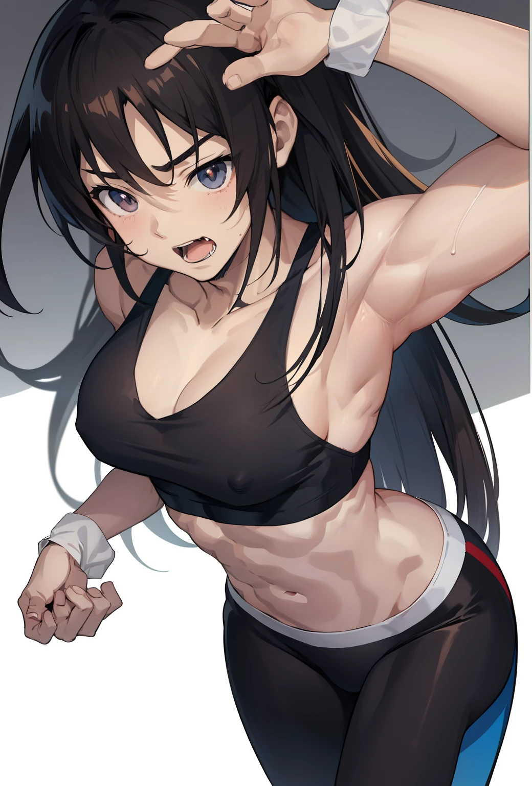 Anime boy in black sports bra poses for camera, garments:Sportsbra, Boy with long brown hair, male anime characters, marin kitagawa fanart, Seductive Anime Boy, Muscular men, (Anime Boy),