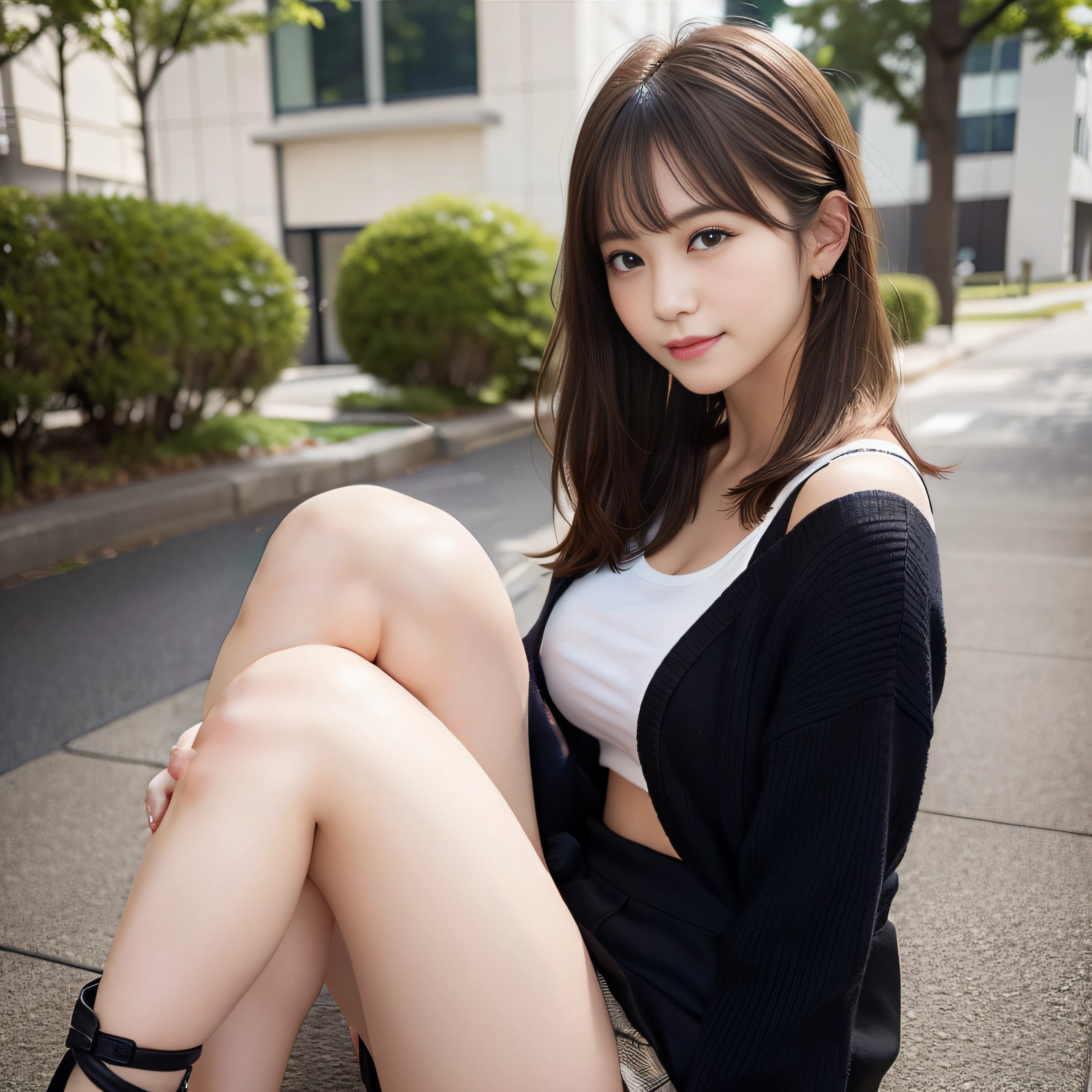 8K,Best Quality:1.4, 超A high resolution:1.5, (Photorealistic:1.4),​masterpiece:1.2,(top-quality:1.4)、 Raw photo、 (From the knee up:1.8), (the background is blurred), a park,FULL BODYSHOT:1.8、Standing Pose、 1日本人の女の子, Cute, (Solo), (Shy smile), Smooth skin、ＴThe shirt、Check miniskirt:1.3、 (Brown medium hair,Bangs), (touch hair:1.4)、nogizaka、cute little、(30-years old:1.2)、beauty legs、Supple fingertips、Realistic fingers、Beautiful black eyes、natural skin textures:1.3, realistic eyes and face details:1.7、middlebreasts、Toned buttocks:1.2、gazing at viewer,thighs thighs thighs thighs、Gravure Pose