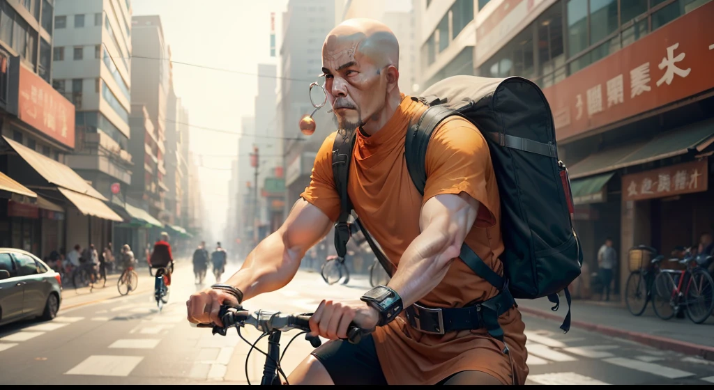 The monk rides a bicycle，Face front，Scepter and cell phone in hand，Behind you is the background of modern urban transportation。