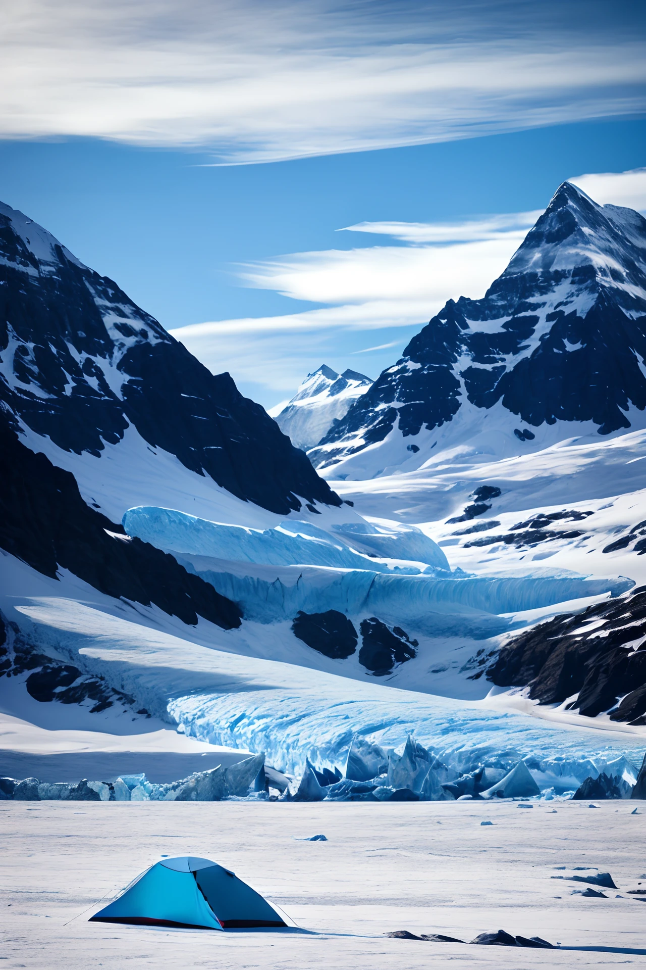 There are tents in the snow, shutter inventory, best on adobe stock, glacier landscape, amazing contrasting background, with a snowy mountain and ice, glacier photography,amazing landscape in background, glaciers and ice and snow, trending on shutterstock, Majestic nature, Magnificent background, an amazing landscape image