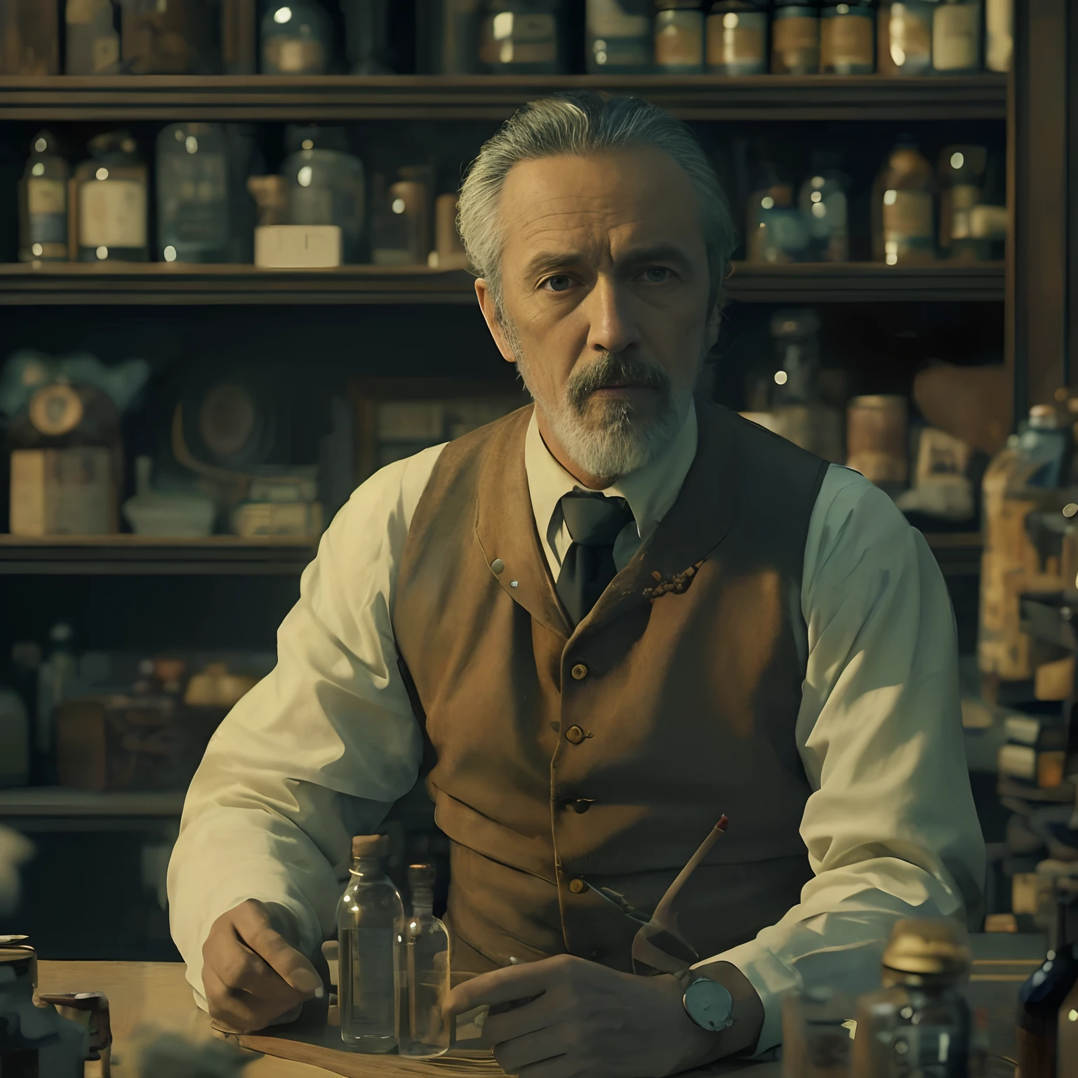 There is a man sitting at a table with a bottle of liquor, No show Westworld, captura de tela de um filme, ainda de um filme live action, he is in a alchemist lab, still image from tv series, Ainda quadro de um filme, cena de abertura, cinematic still in westworld, ainda do filme, ainda de um filme, ainda do filme, Italy, 1890, foto realista detalhada, cinematic, 8k, imagem realista