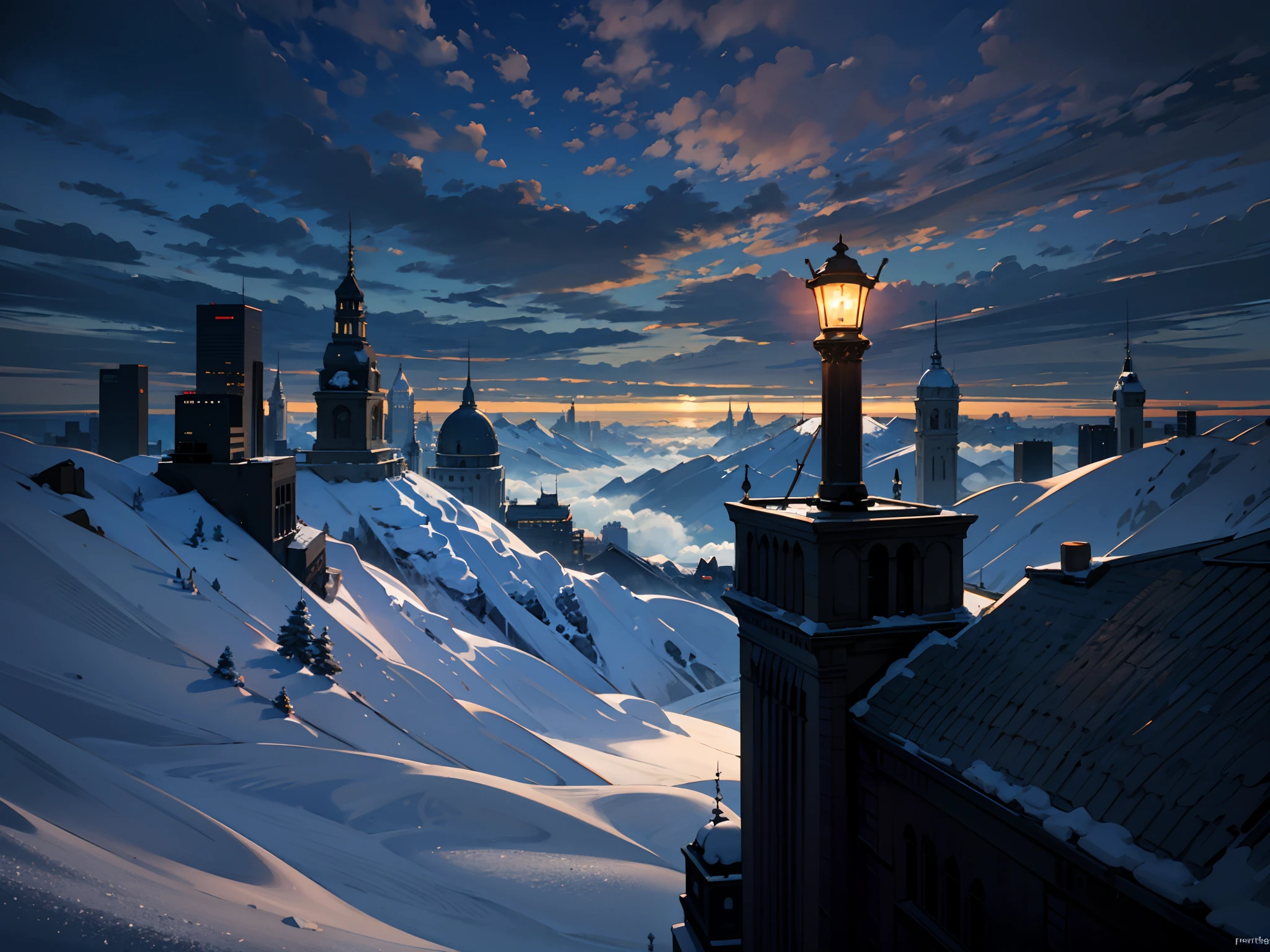 Expansive landscape photograph,(look from down,Above is the sky,Below are the cities),suns,,Far Mountain, Tree BREAK making art,(Warm light source:1.2),,lamp lights,Lots of orange,Complicated details,Volumetric lighting BREAK(tmasterpiece:1.2),(best qualtiy),4k,ultra - detailed,(dynamic compositions:1.4),detail-rich,plethora of colors,(Irridescent color:1.2),(with light glowing,Atmospheric lighting),(独奏:1.2)zori,(On the left are tall buildings, on the right are distant mountains and the sun)