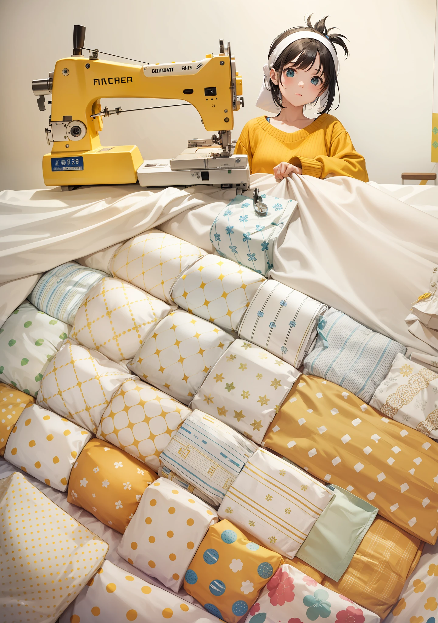 Girl in yellow sweater,Ball head,Sit in front of the sewing machine,White sewing machine,Beautiful fabrics are being made,Each grid on the sheets has a different pattern,Colorful sheets,The sheets fell from the console to the floor,tmasterpiece,depth of fields,k hd,Detailed details,8k,Colorful sheets,red colour,amarelo，blue colors，green color，white colors,black in color