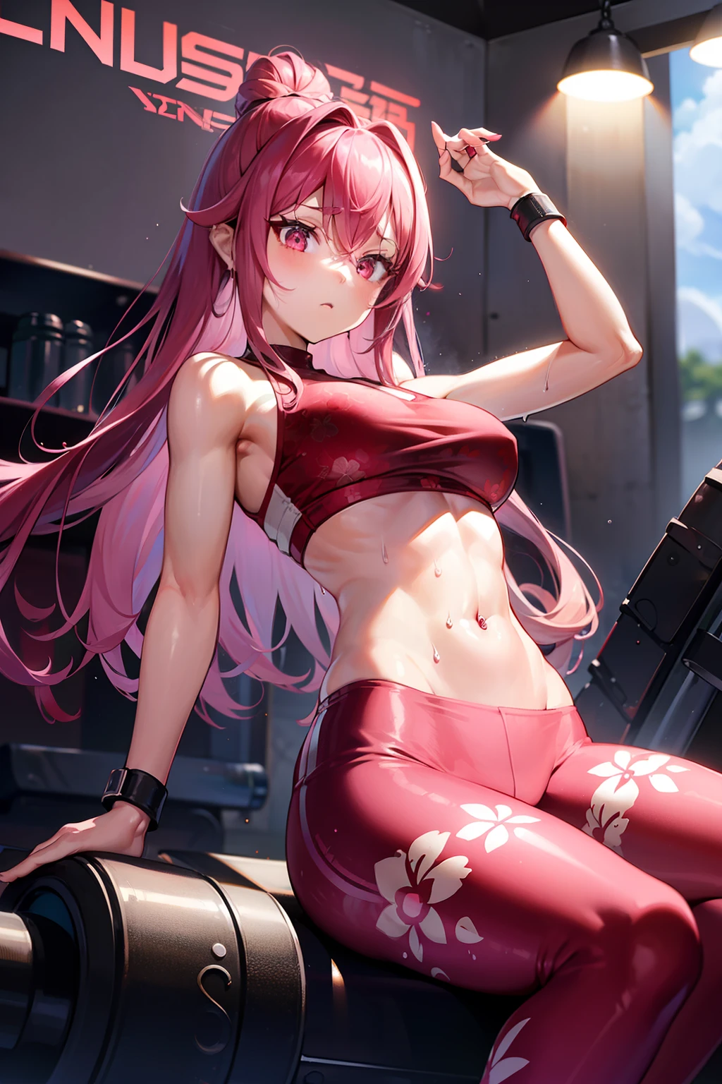 fitness gym、Wet light red floral fitness wear and leggings、Navel Ejection、Longhaire、Pink hair、wristbands、Colossal tits、perspiring、abdominals、belly button piercing、Sitting with open legs