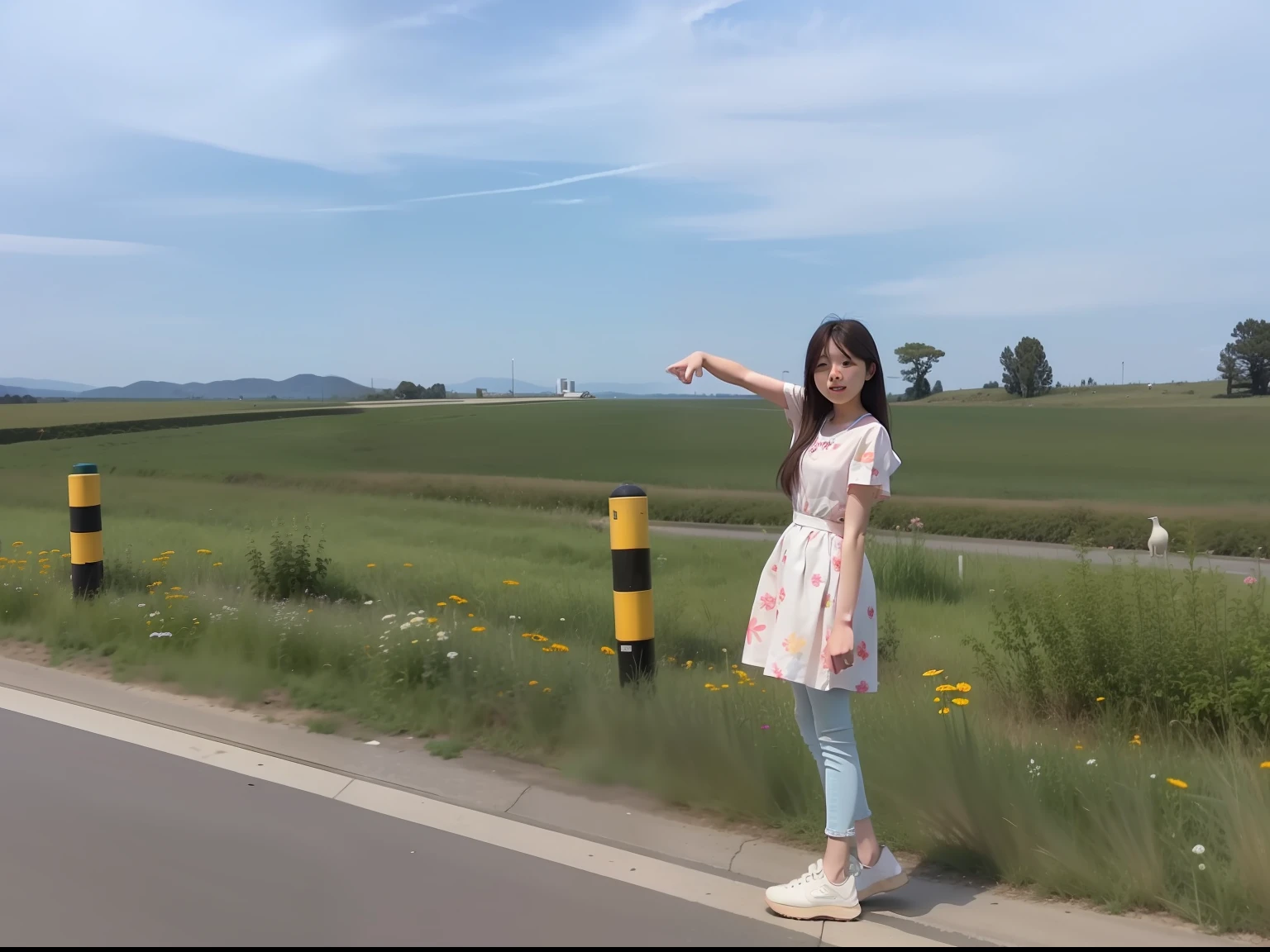 A woman stood by the side of the road and pointed, standing in road, 4k post, 4 k post, 8K -- height 768, jaeyeon nam, On a sunny day, 8K)), height of 165cm, ulzzangs, photo taken with canon 5d, park in background, on a bright day, sunny mid day