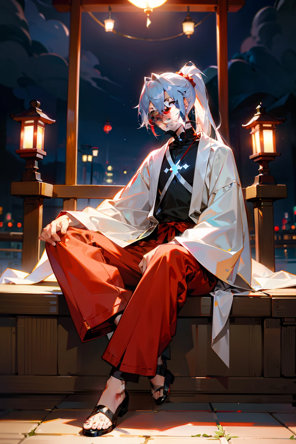 1 boy full body photography man sitting cross-legged man red han element shirt standing silver hair high ponytail lantern loose long pants wide sleeves。