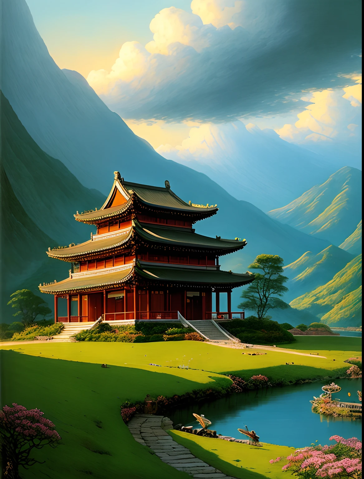 In the morning,Chinese architecture on the mountain,Magnificent,John Howe view,Lake,China,Dragon,Clouds,Farm,Lupu fairy tales,Light effect,Dream,greg rutkovsky,art stations