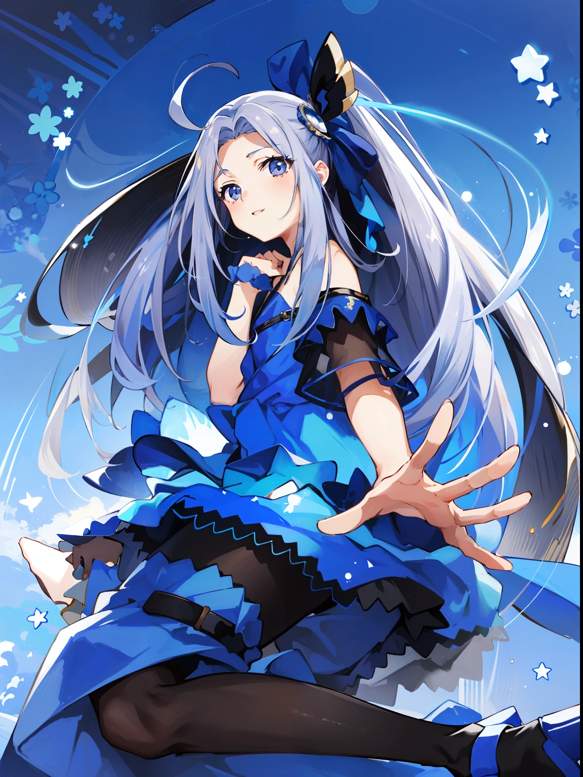 Close up portrait of man sitting on pillow, Boy in blue dress, Boy with purple sidetail, Boy with blue boots, marin kitagawa fanart, anime moe art style, Happy!!!, official artwork, Official art, male child, Splash Art Anime Boy, holding a pudica pose, with index finger, in ryuuou no oshigoto art style, Anime boys are squatting