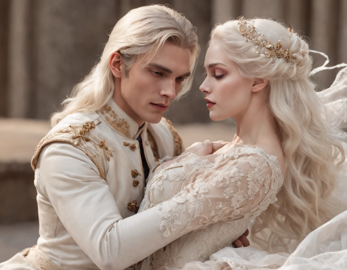 A realistic, ethereal painting of a love scene between a couple: gorgeous long white haired male angel and blonde vampire, in a light opulent environment, hyper realism, detailed lace, realistic face, elegant Victorian gown on woman, intricate celestial uniform on man, romantic, beautiful, full body, golden embellishments, queen, delicate jewelry, elegant, digital painting, concept art, sharp focus, illustration, fantasy, 8k, soft lighting, pastel tetradic colors